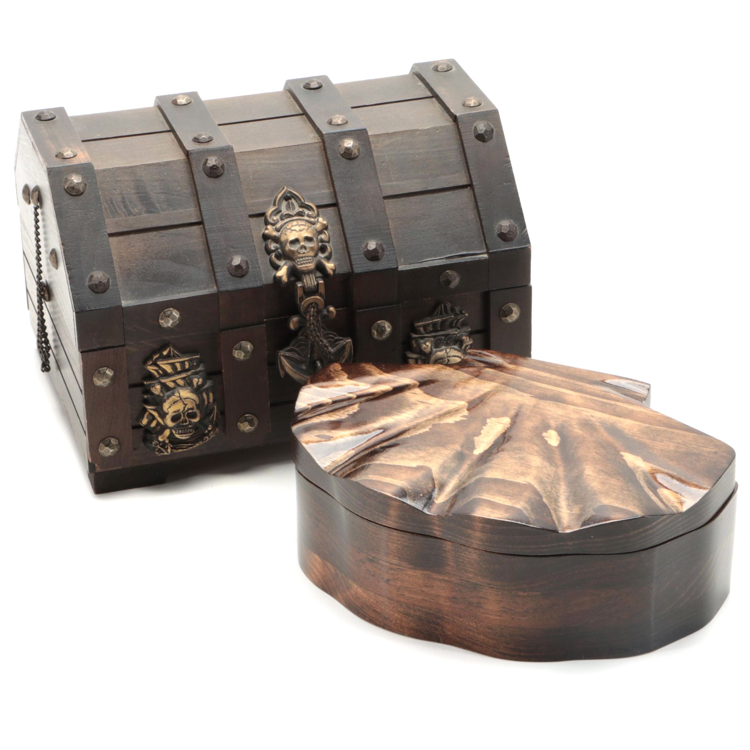 Carved Pine Clamshell Box and Pirate's Chest Jewelry Box