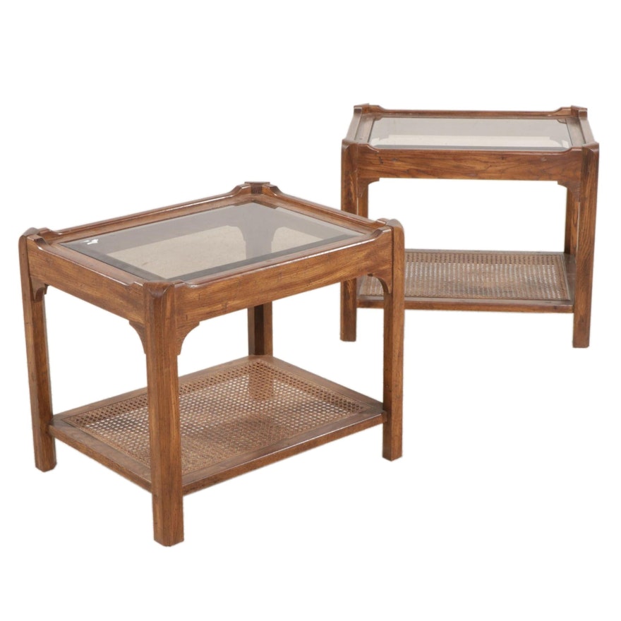 Pair of Wood, Cane and Glass Top Two-Tiered End Tables, 1970s