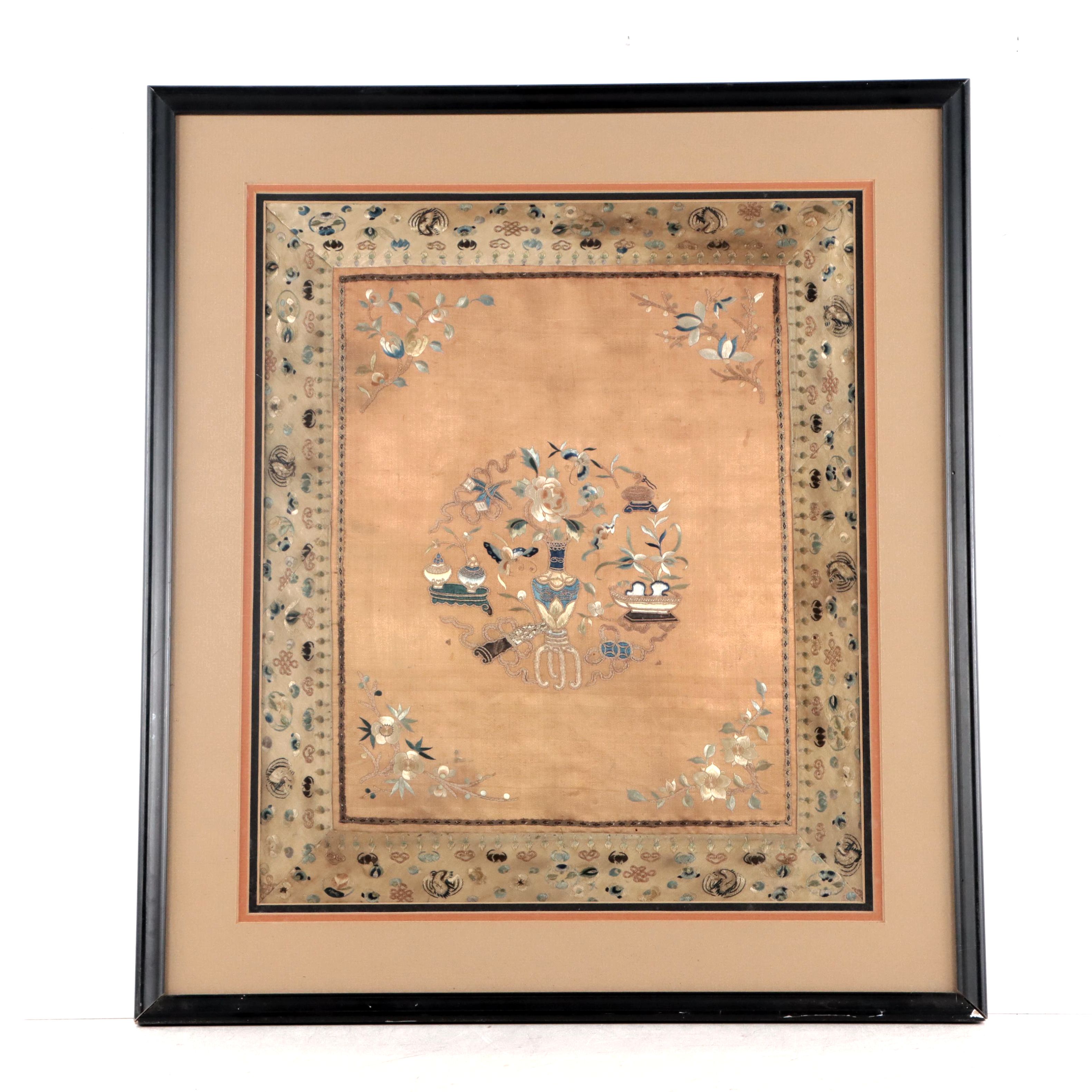 Chinese Silk Embroidery Square With Flower and Butterfly Motifs