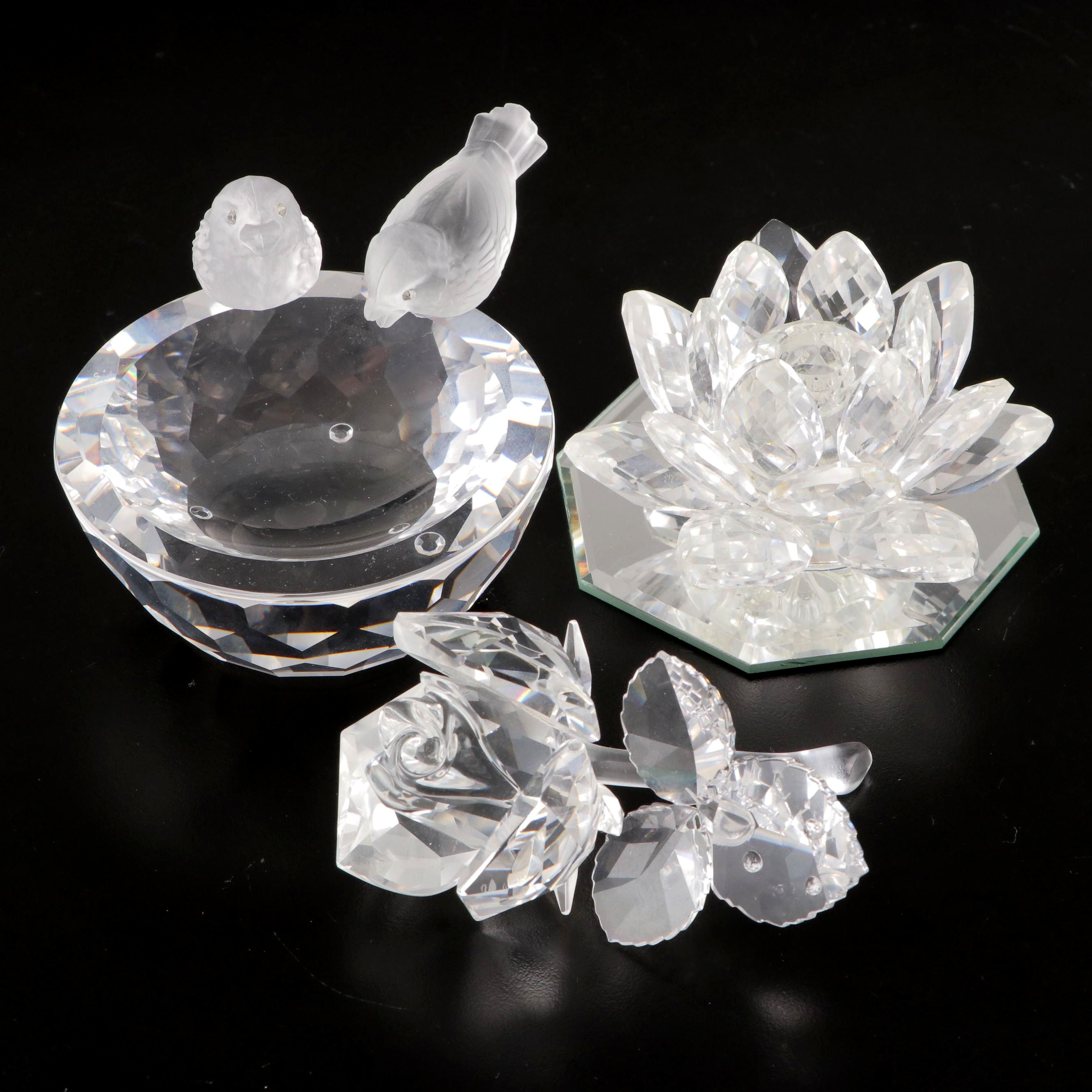 Swarovski Crystal Lotus, Rose and Birds on Bird Bath Figurines