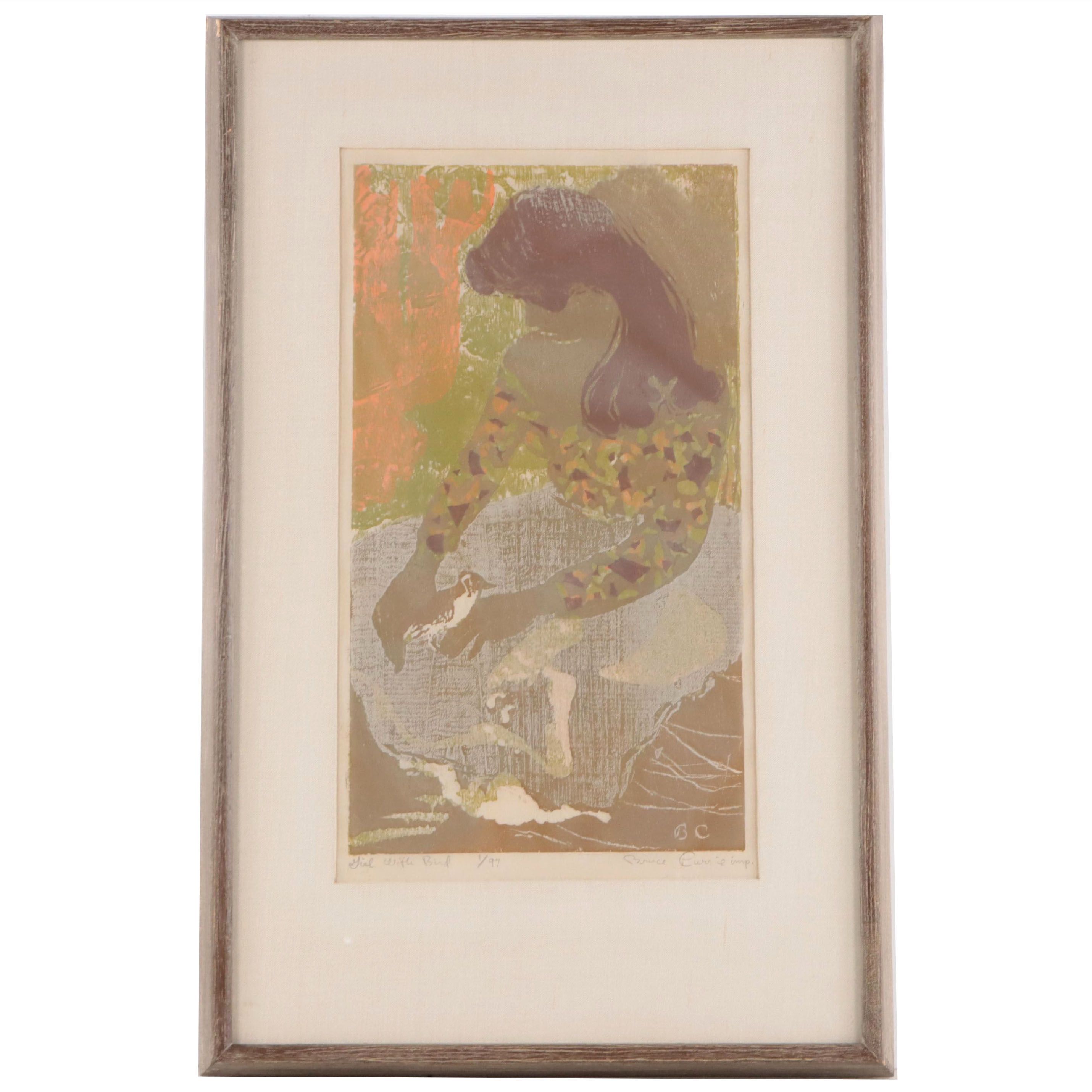 Bruce Currie Woodcut "Girl With Bird," Mid-20th Century