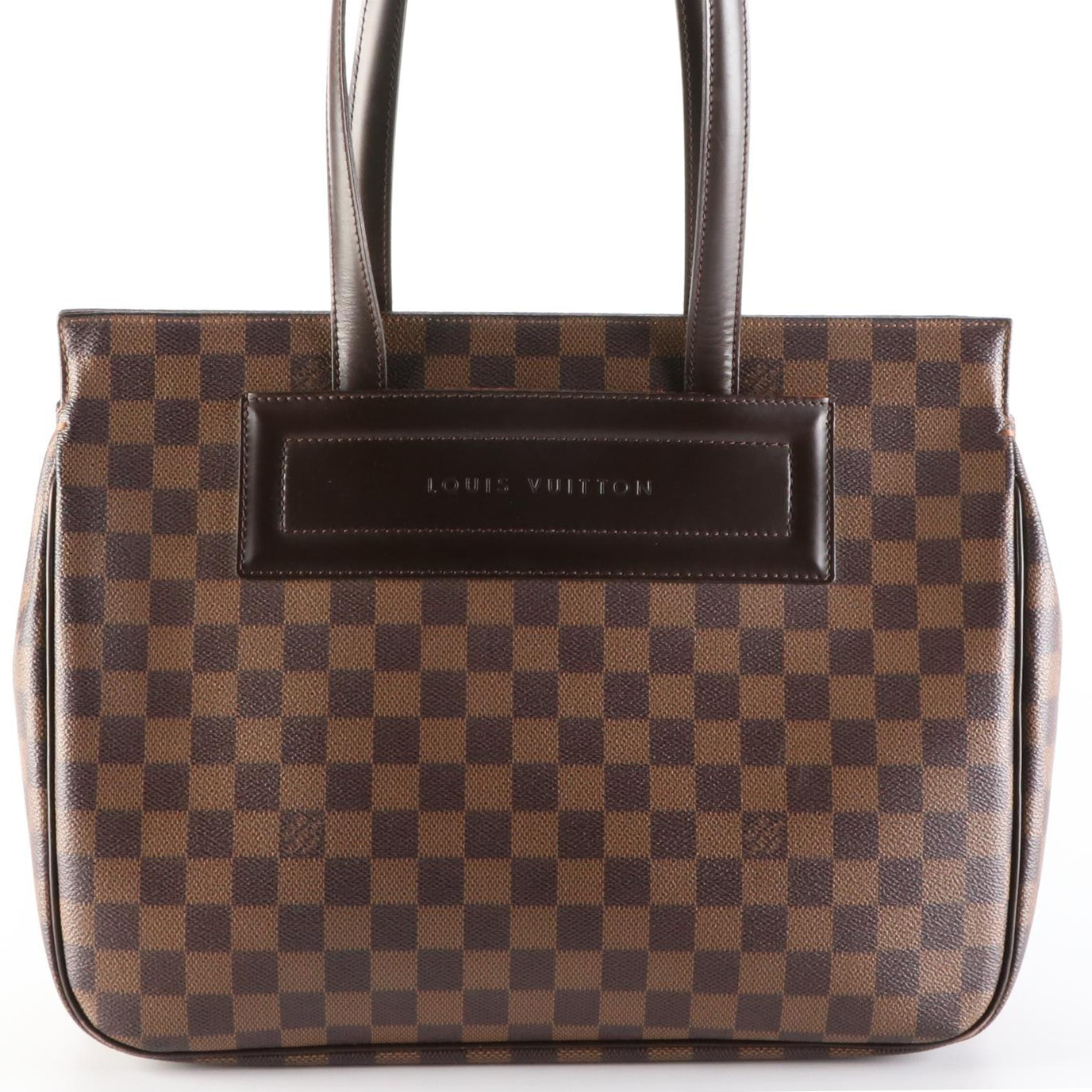 Louis Vuitton Parioli PM Tote in Damier Ebene Canvas and Brown Leather Trim