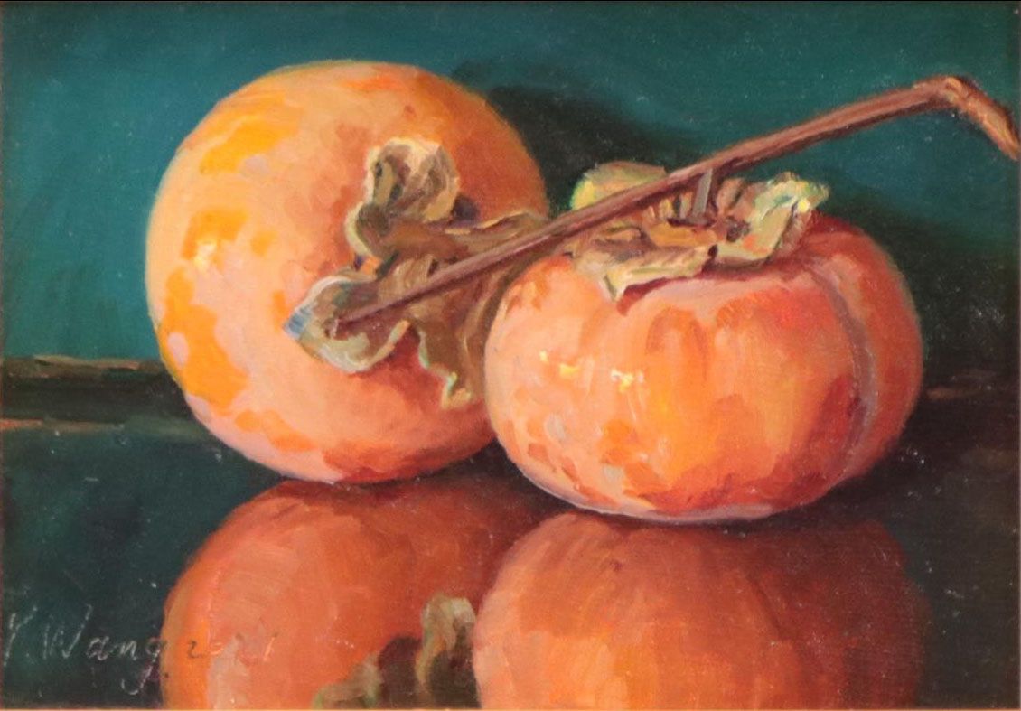 Youquing Wang Realist Still Life Oil Painting of Persimmons, 2021