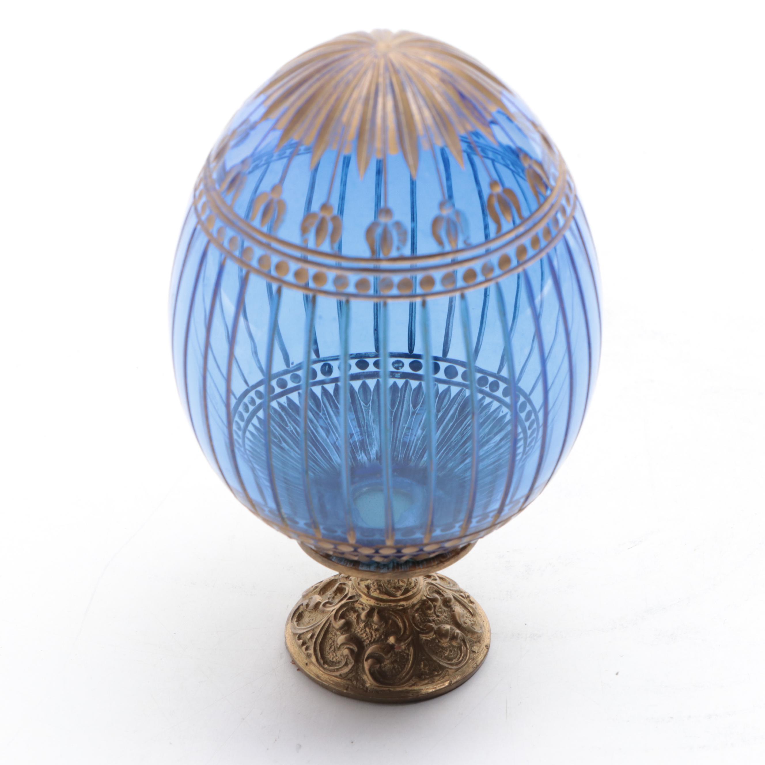 Faberge "0389" Blue and Gilt Glass Egg