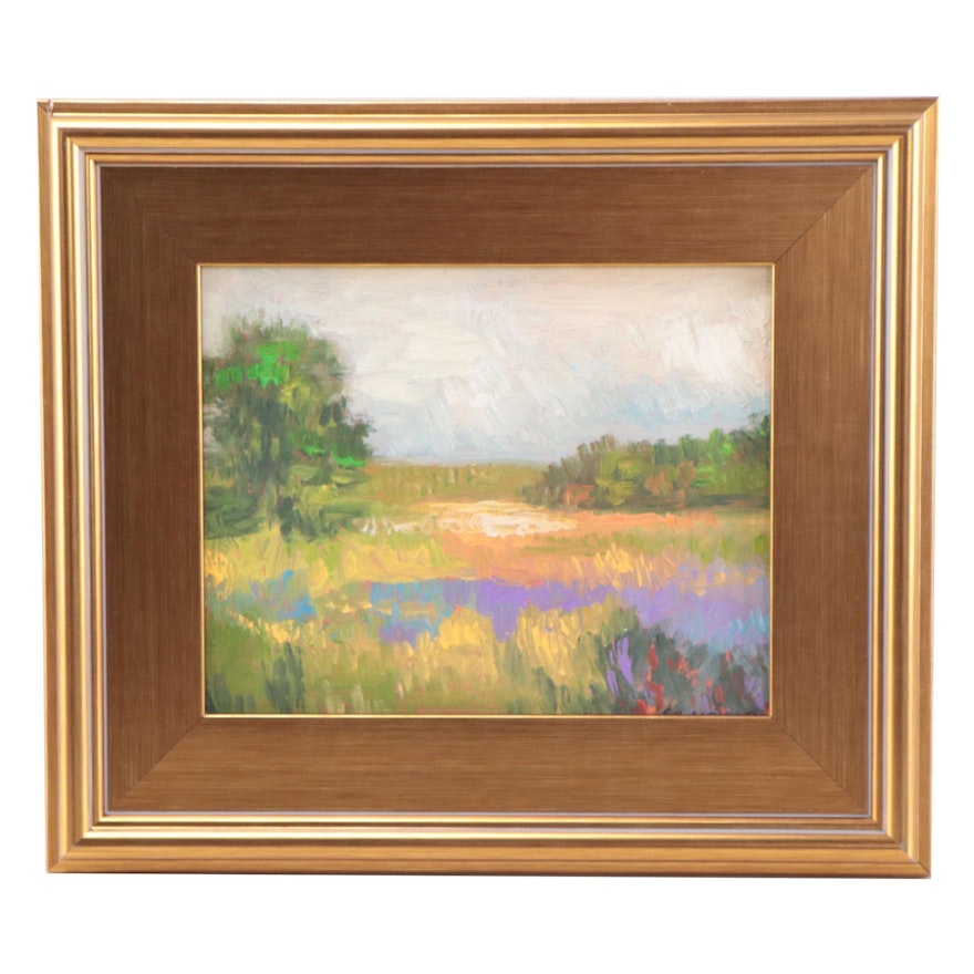 Sulmaz H. Radvand Landscape Oil Painting of Flowering Meadow, 21st Century