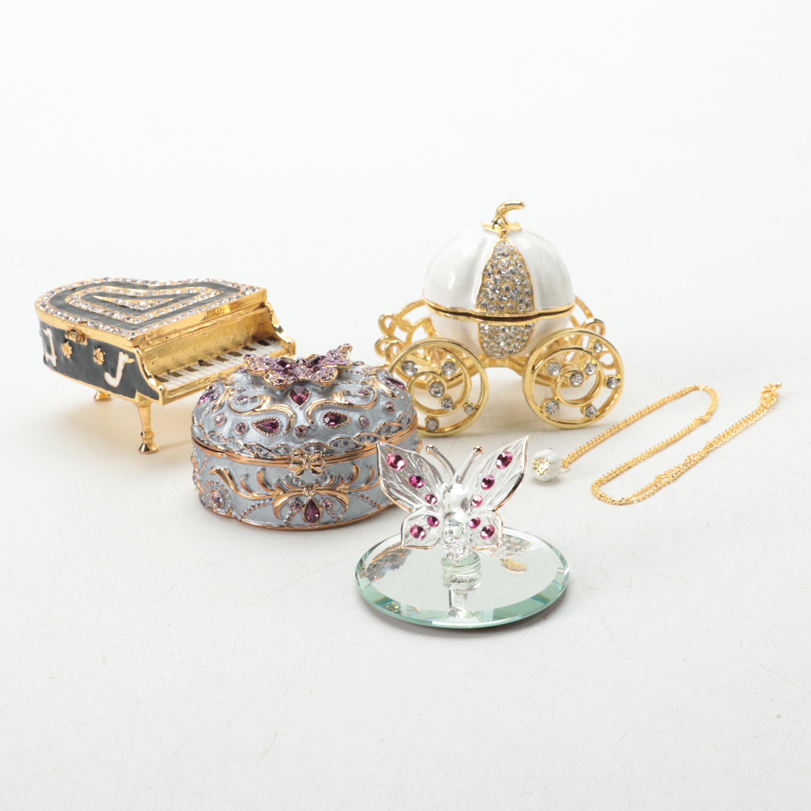 Jere and Other Trinket Boxes With Glass Barn Crystal Butterfly Figurine