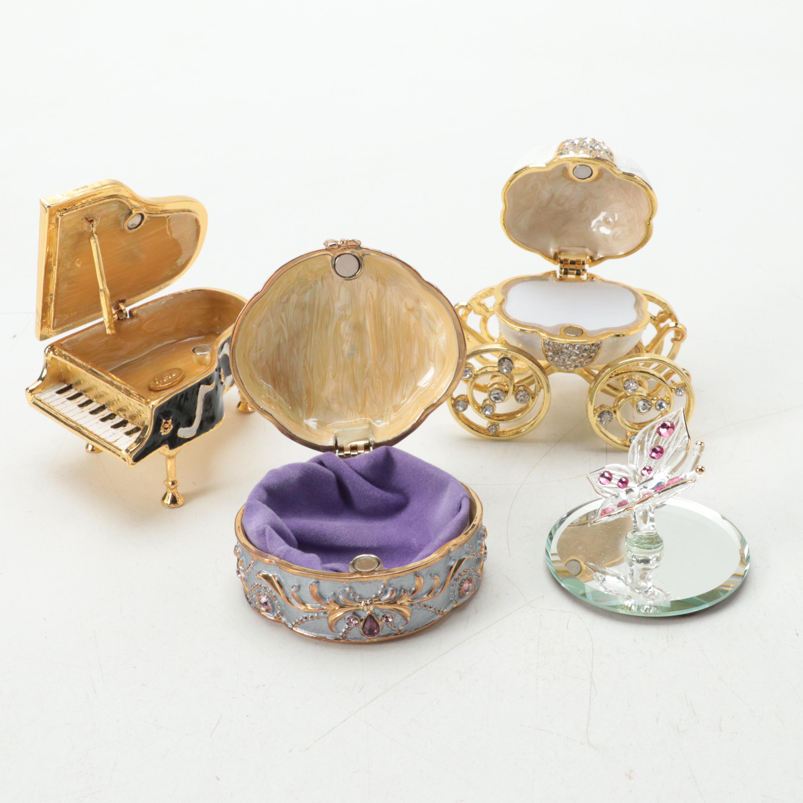 Jere and Other Trinket Boxes With Glass Barn Crystal Butterfly Figurine