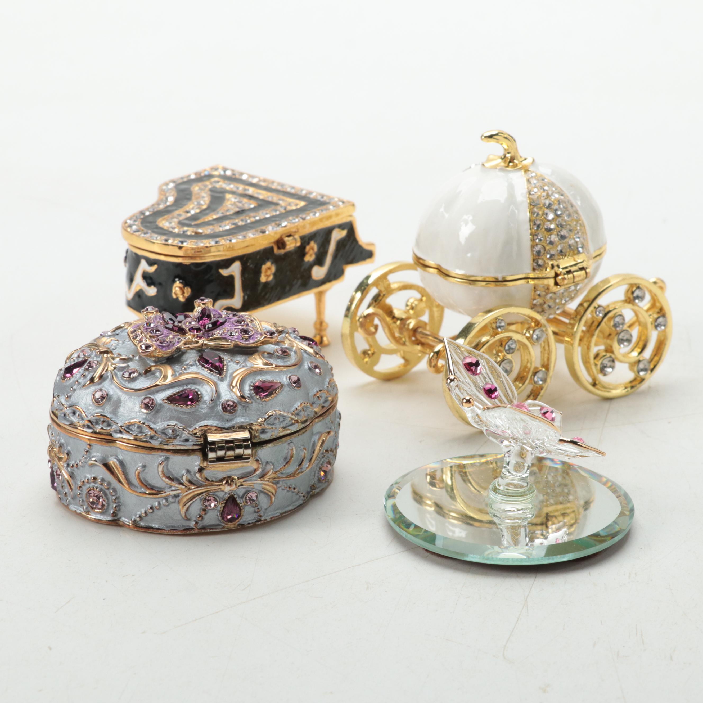 Jere and Other Trinket Boxes With Glass Barn Crystal Butterfly Figurine