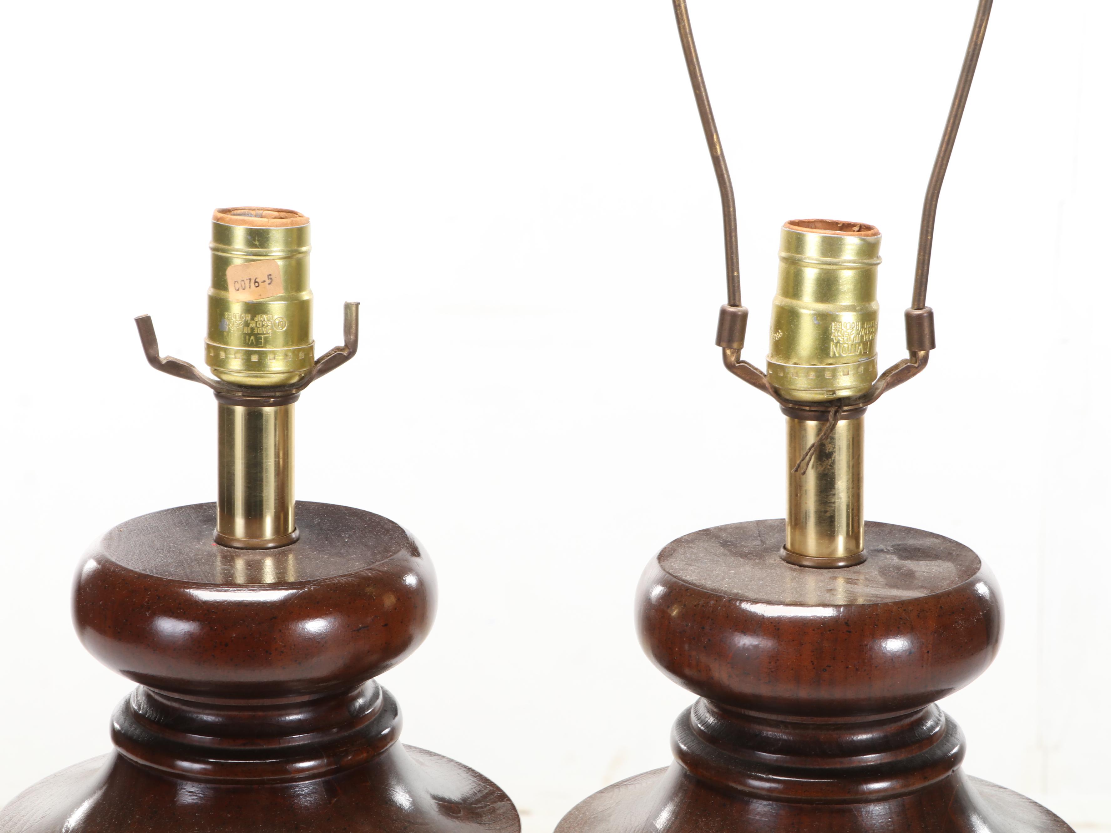Brass Base and Ribbed Wooden Table Lamps, Mid to Late 20th Century