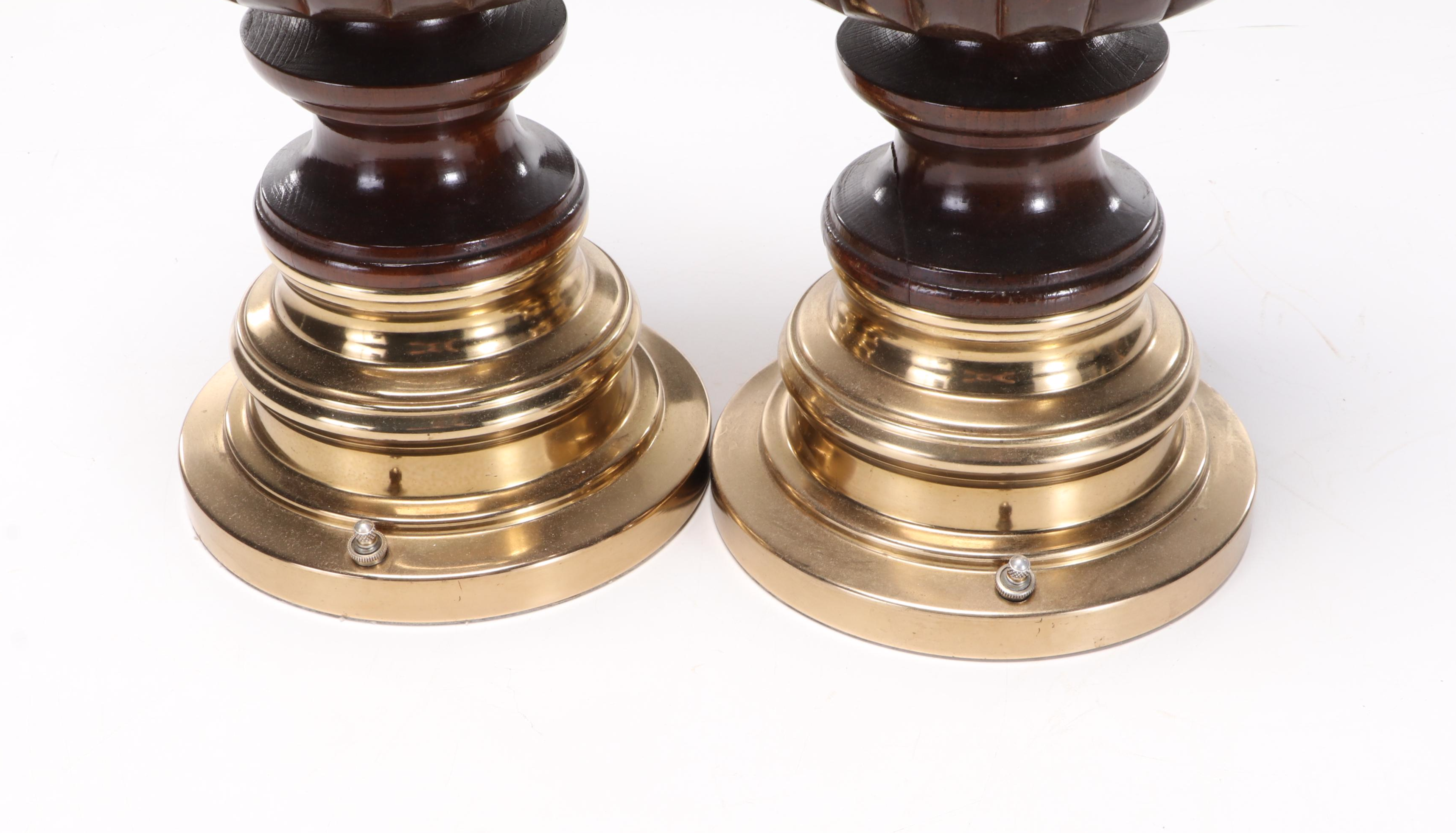 Brass Base and Ribbed Wooden Table Lamps, Mid to Late 20th Century