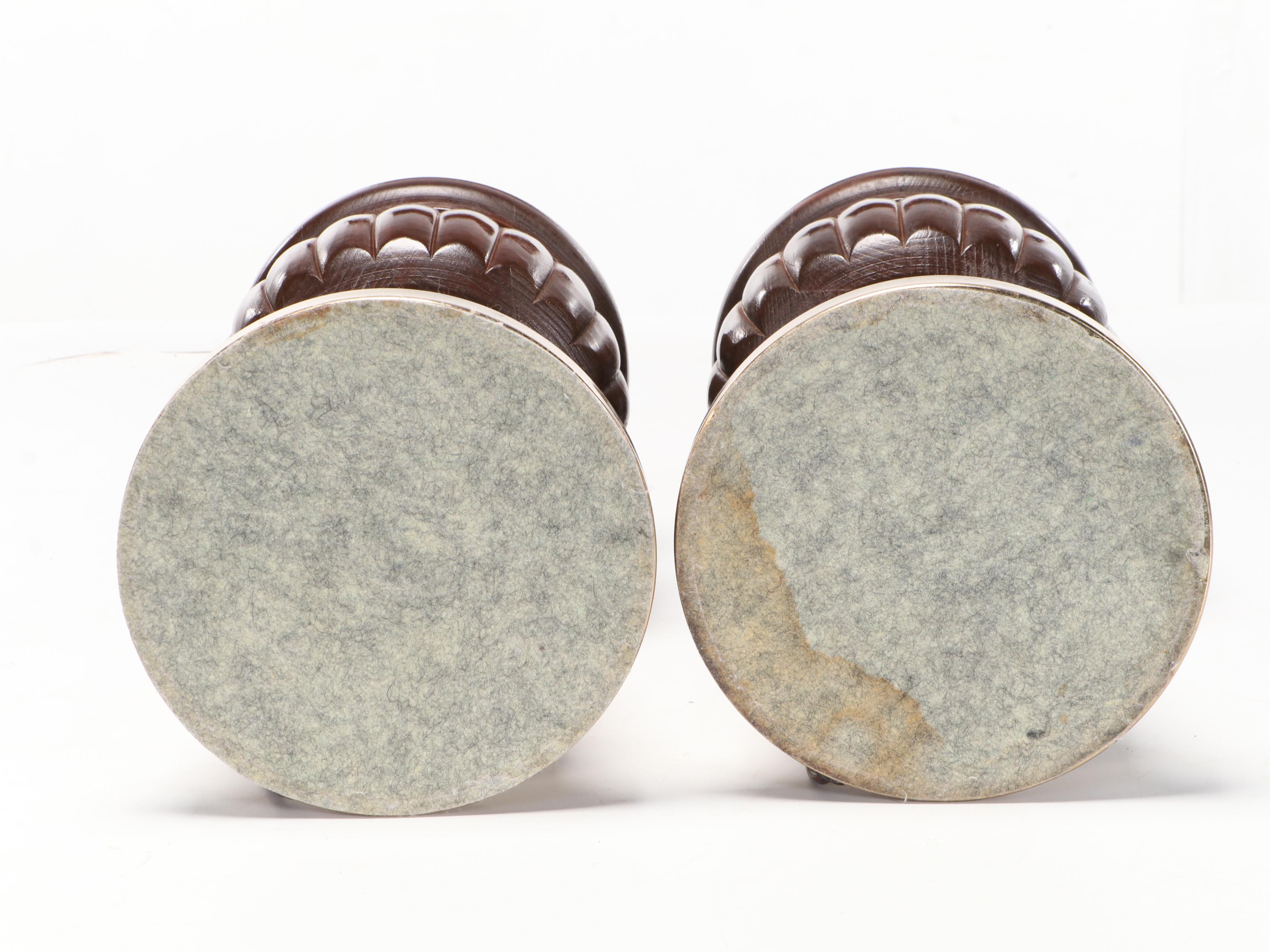 Brass Base and Ribbed Wooden Table Lamps, Mid to Late 20th Century