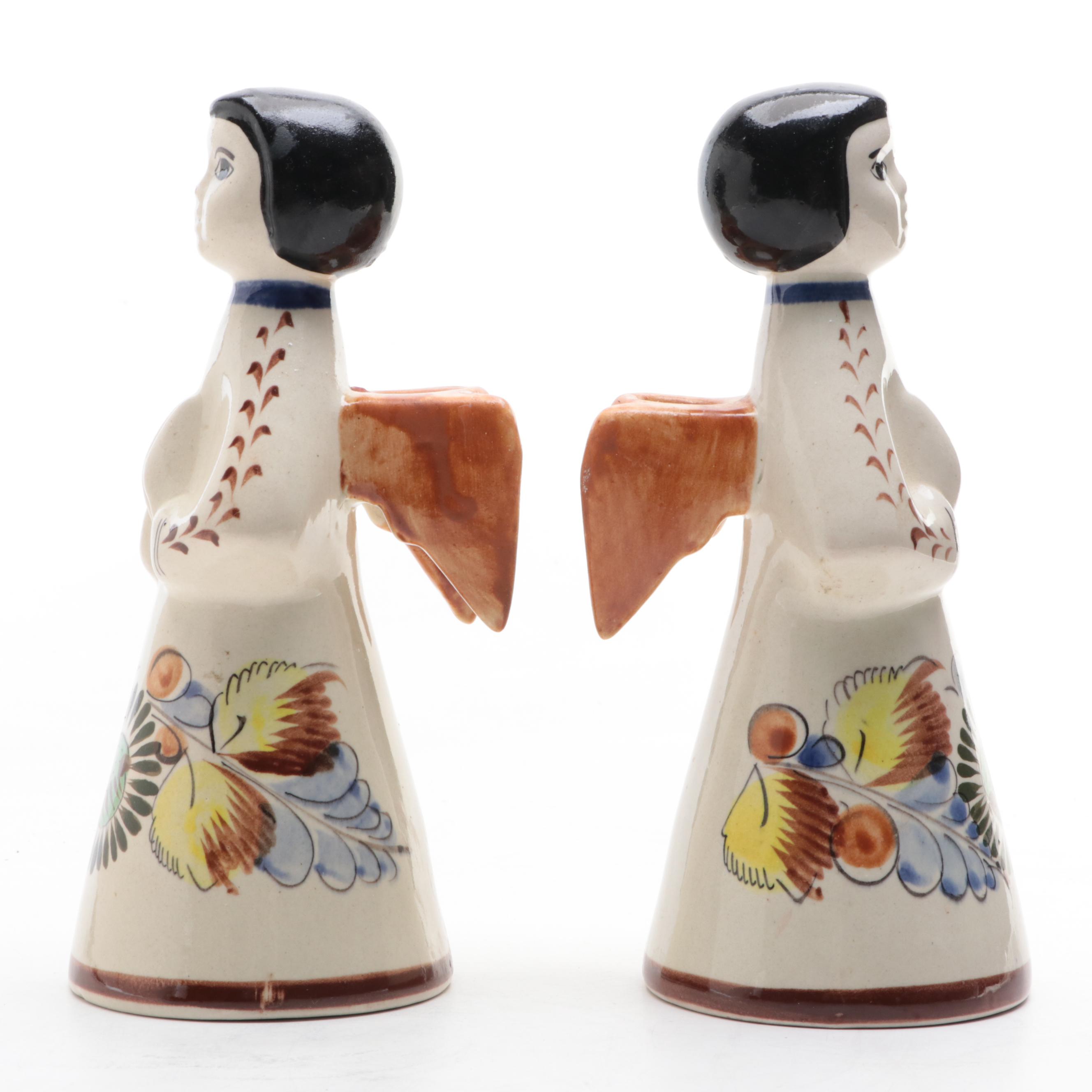 Pair of Mexican Tonala Pottery Angel Figurines or Candle Holder