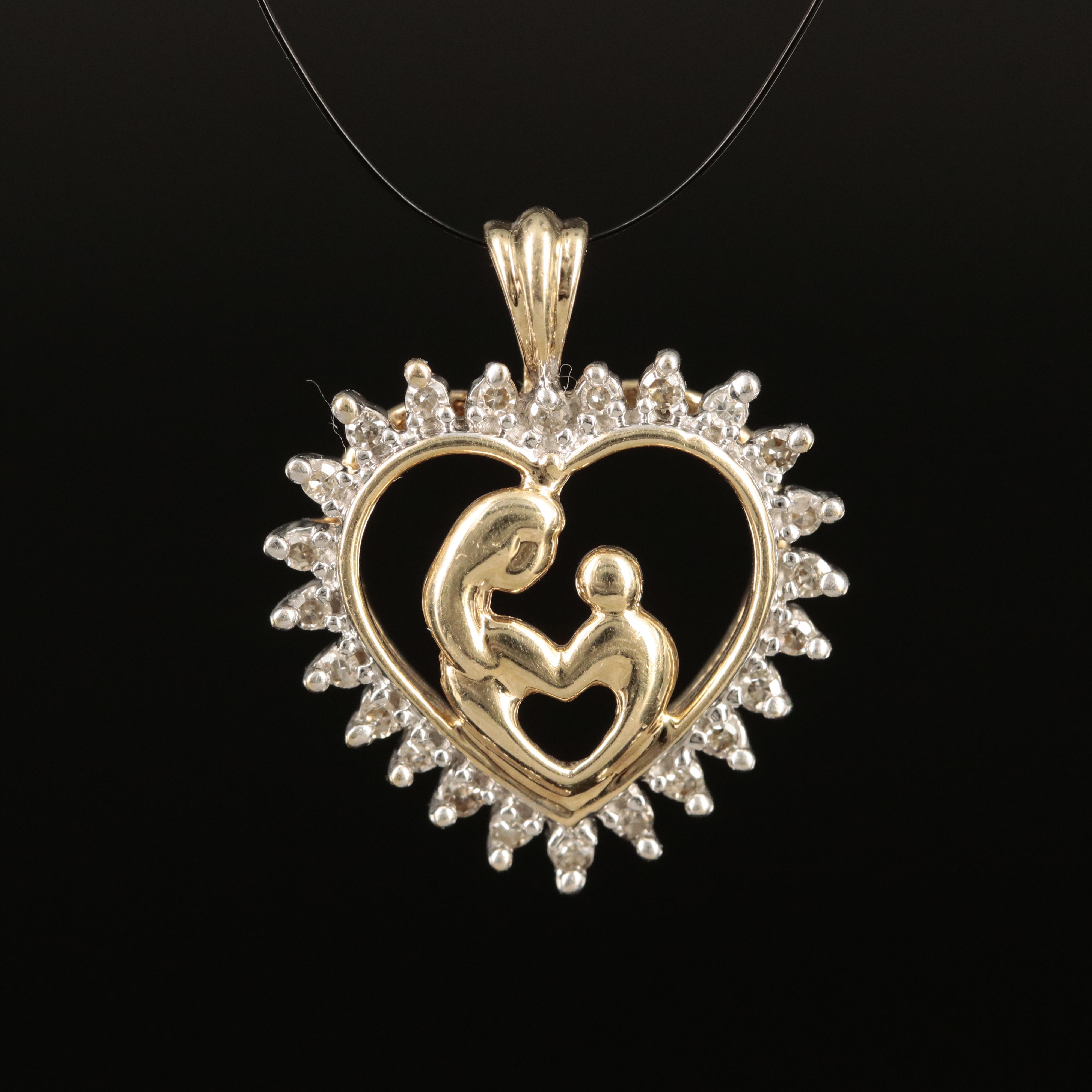 10K 0.17 CTW Diamond Mother and Child Heart Pendant