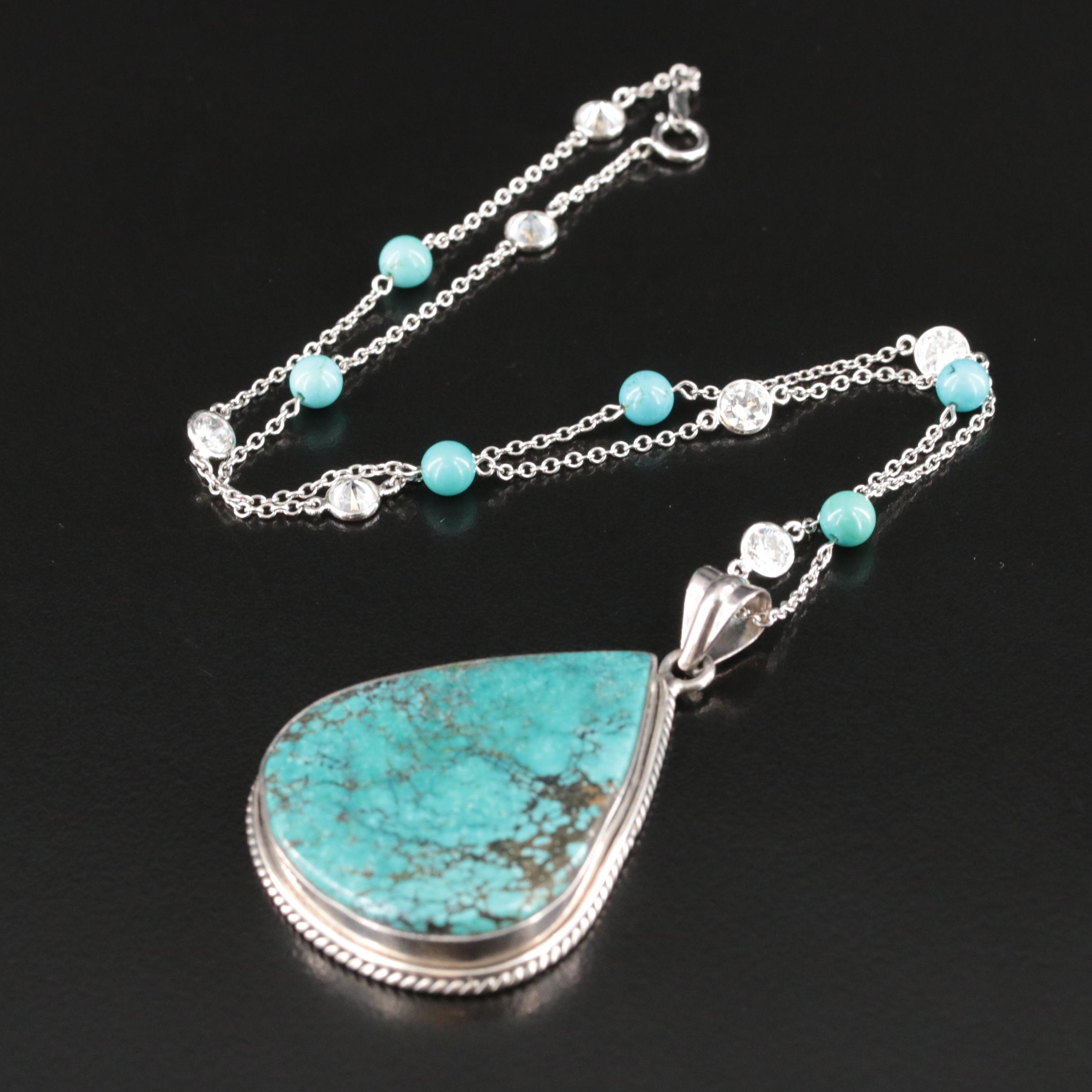 Sterling Turquoise and Cubic Zirconia Pendant Necklace