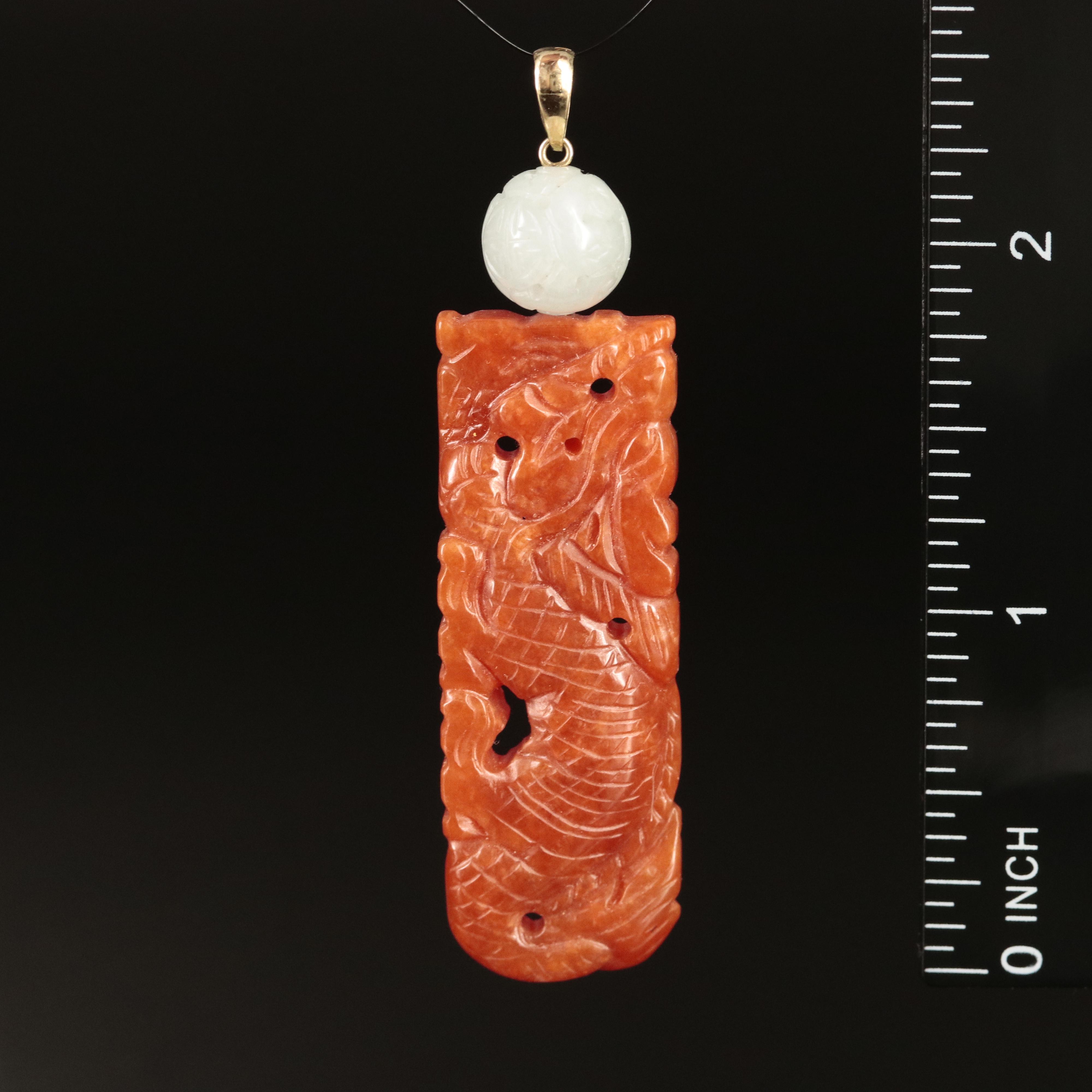 Chinese 14K Carved Jadeite Dragon Pendant