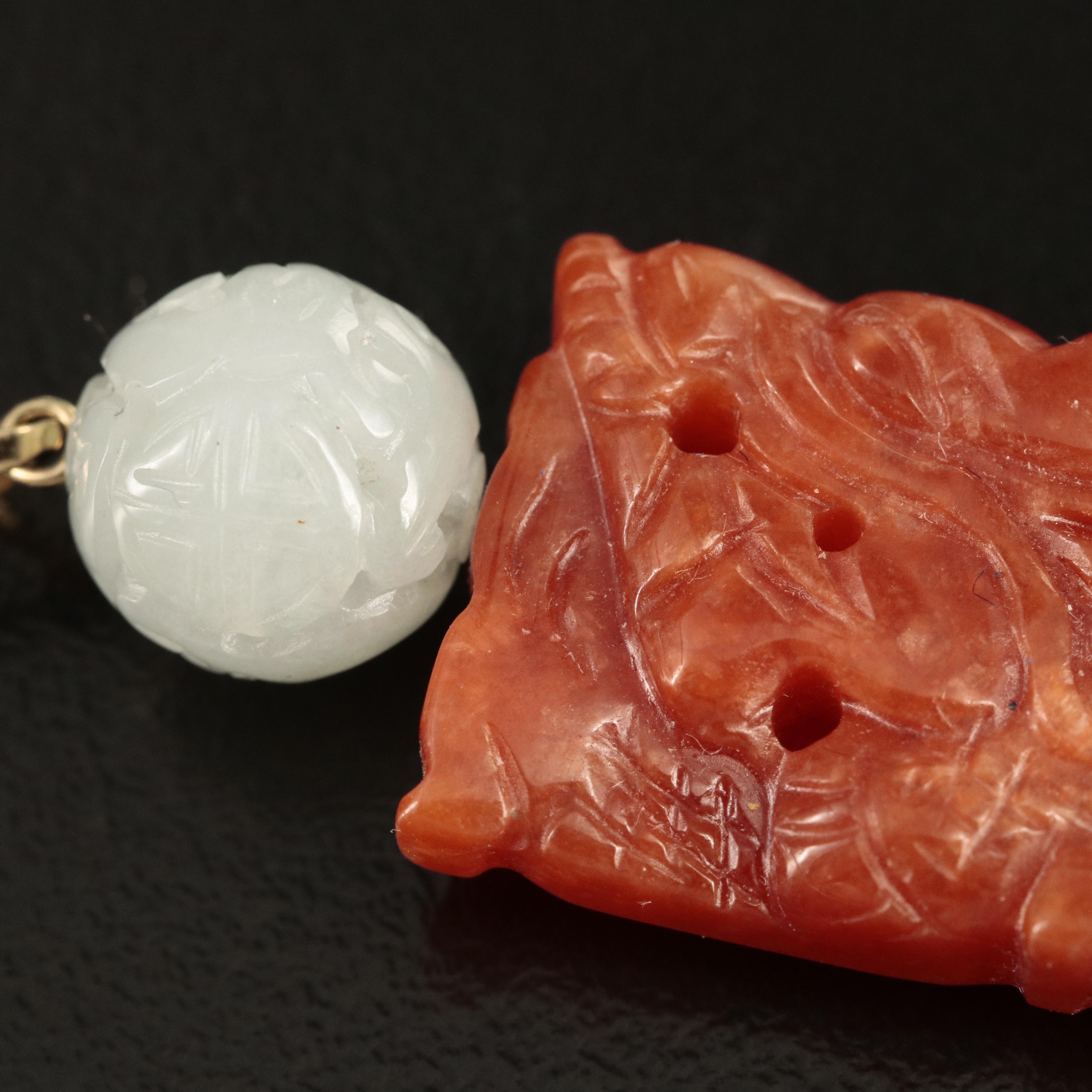 Chinese 14K Carved Jadeite Dragon Pendant