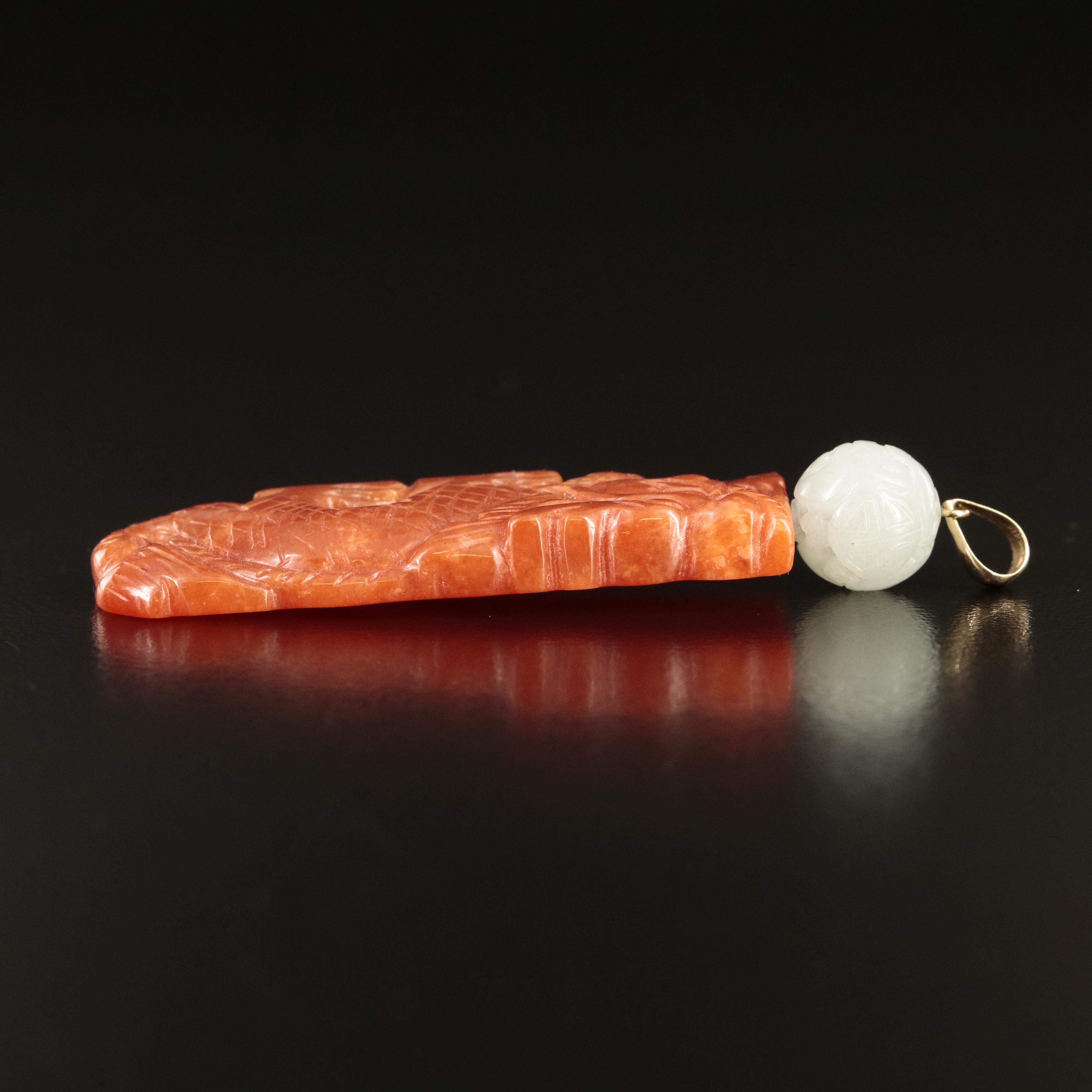 Chinese 14K Carved Jadeite Dragon Pendant