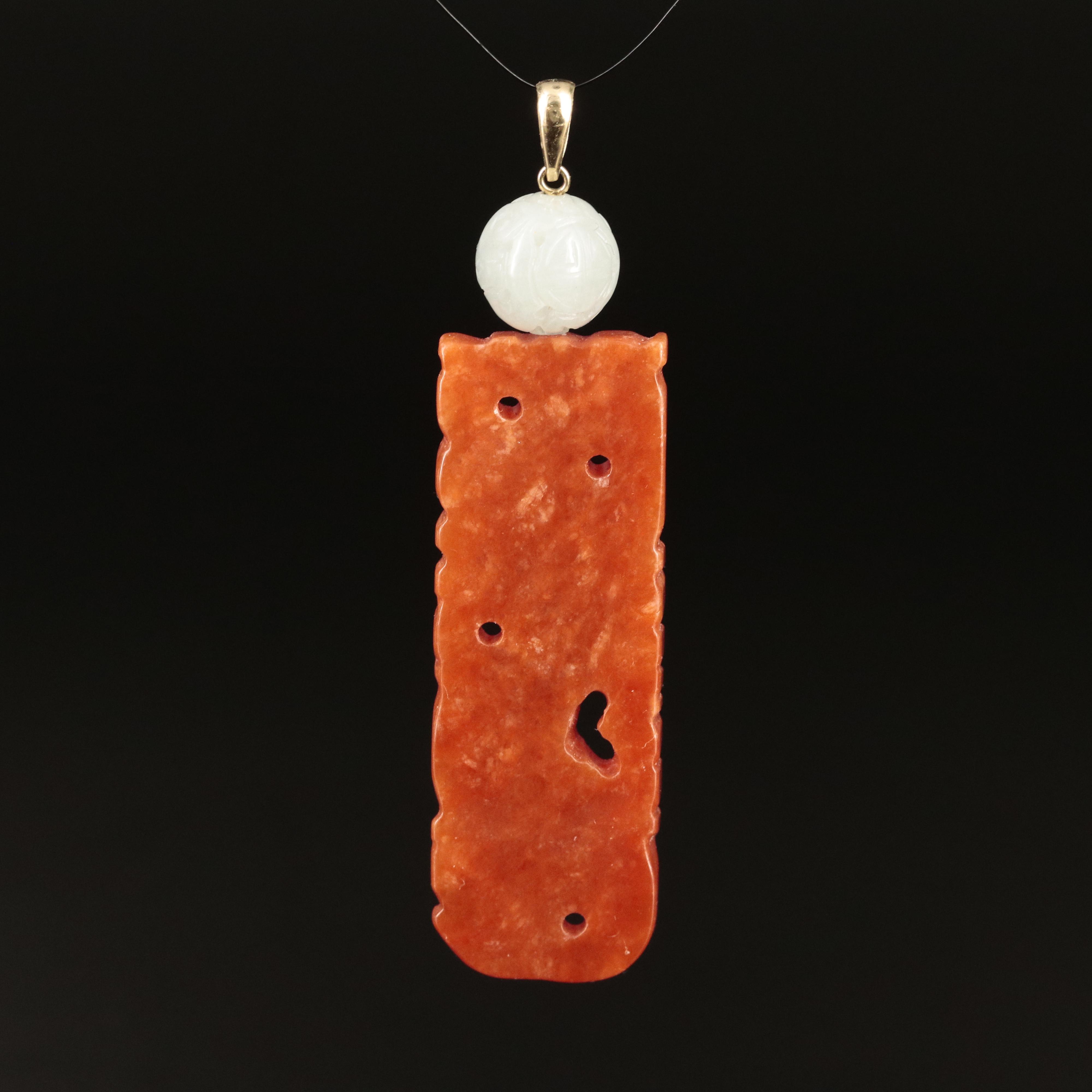 Chinese 14K Carved Jadeite Dragon Pendant