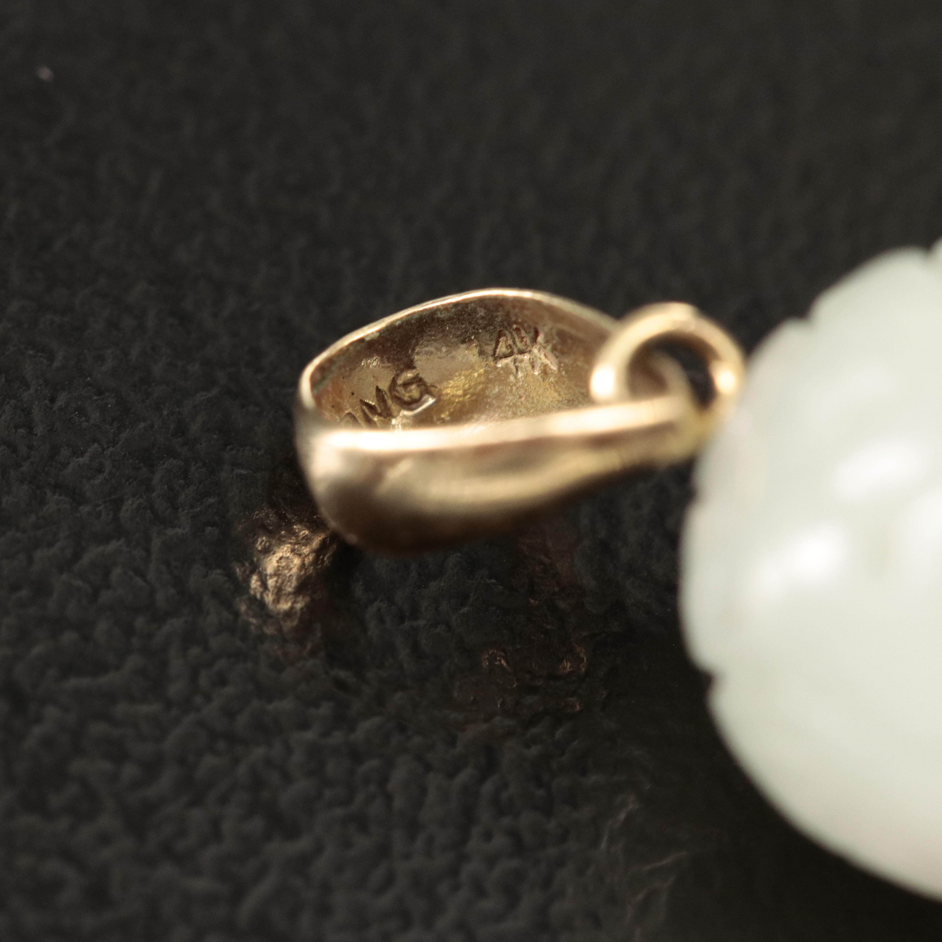 Chinese 14K Carved Jadeite Dragon Pendant