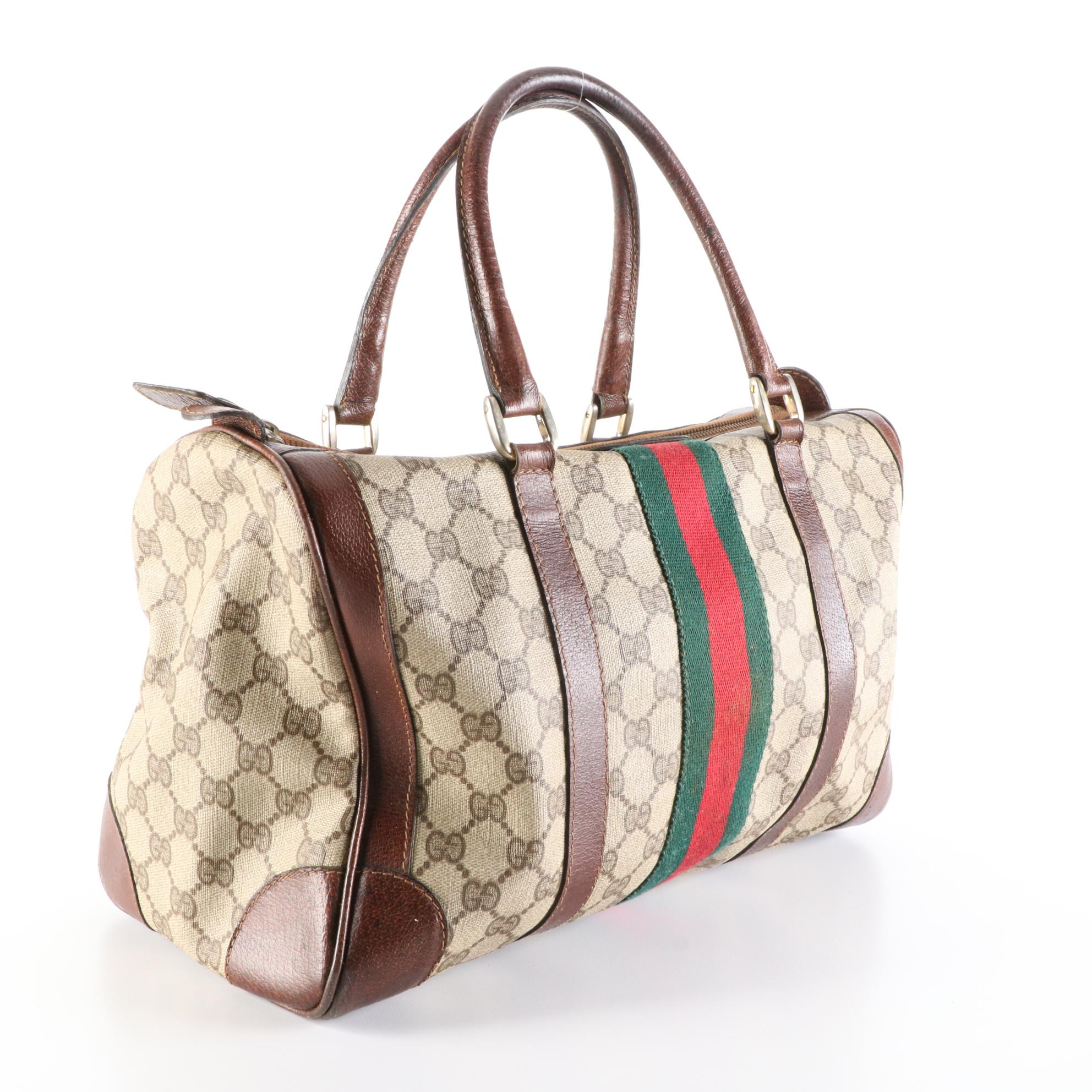 Gucci Web Boston Bag in GG Coated Canvas and Cinghiale Leather