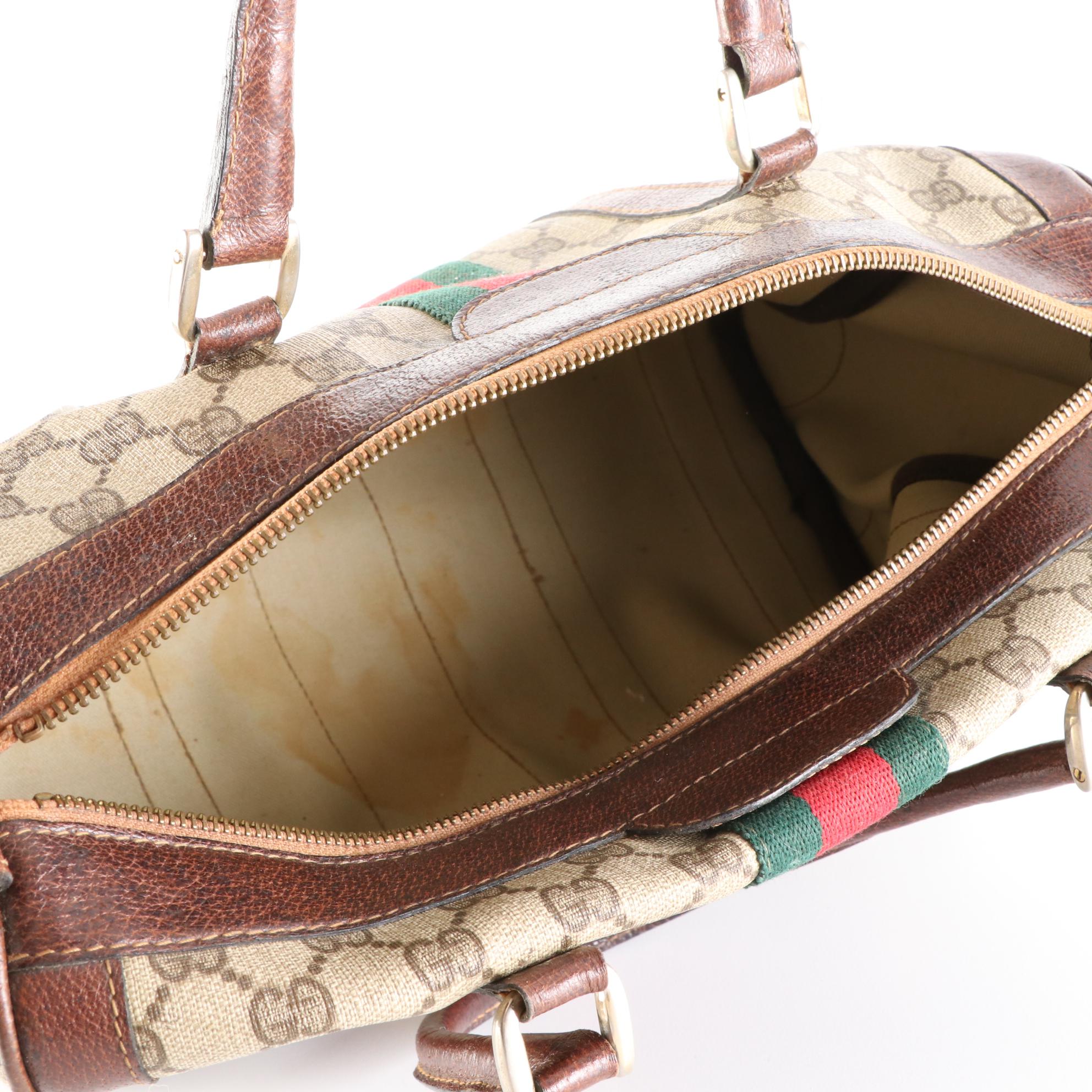 Gucci Web Boston Bag in GG Coated Canvas and Cinghiale Leather