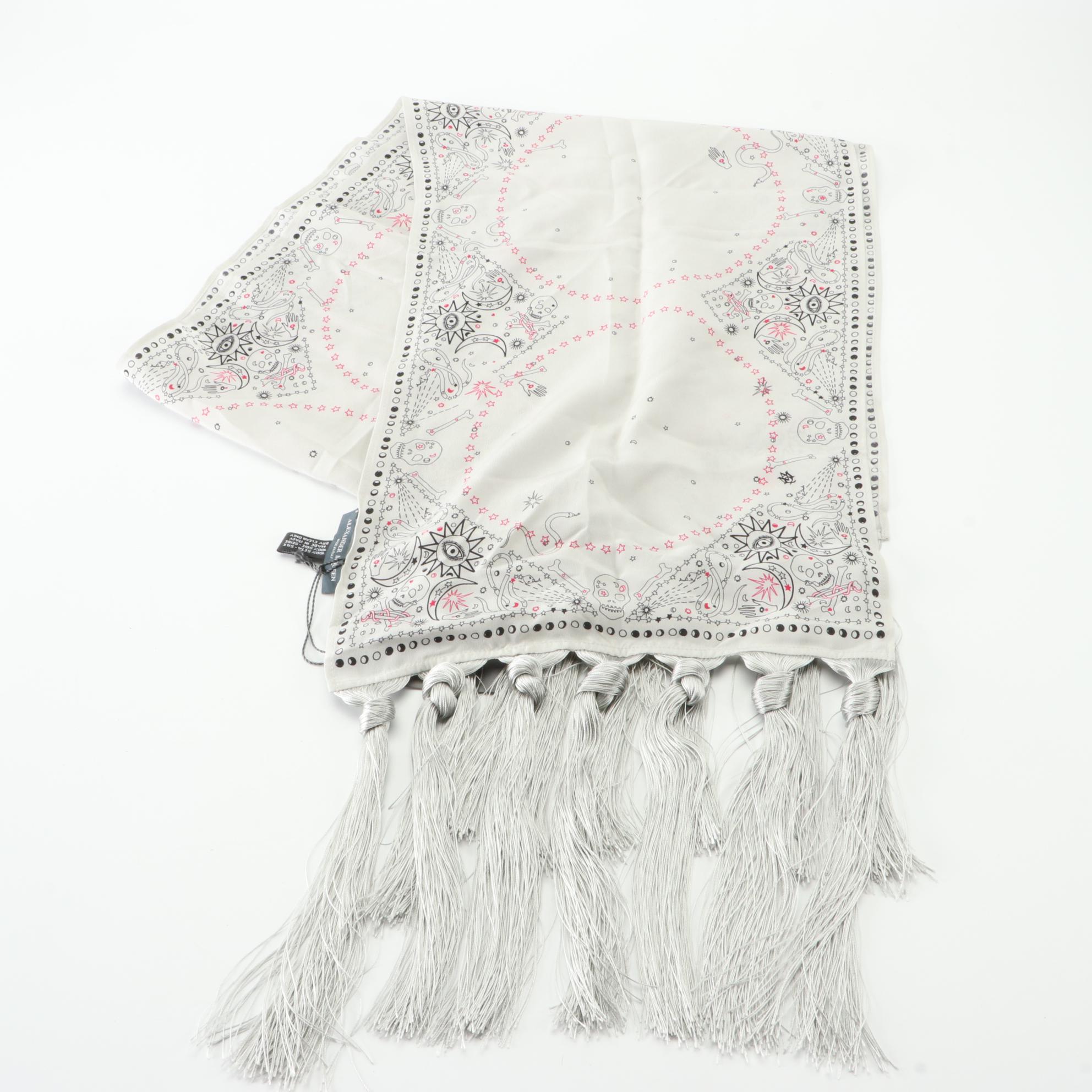 Alexander McQueen Circle, Star, Skin, Crespo Print Scarf in Silk with Fringe