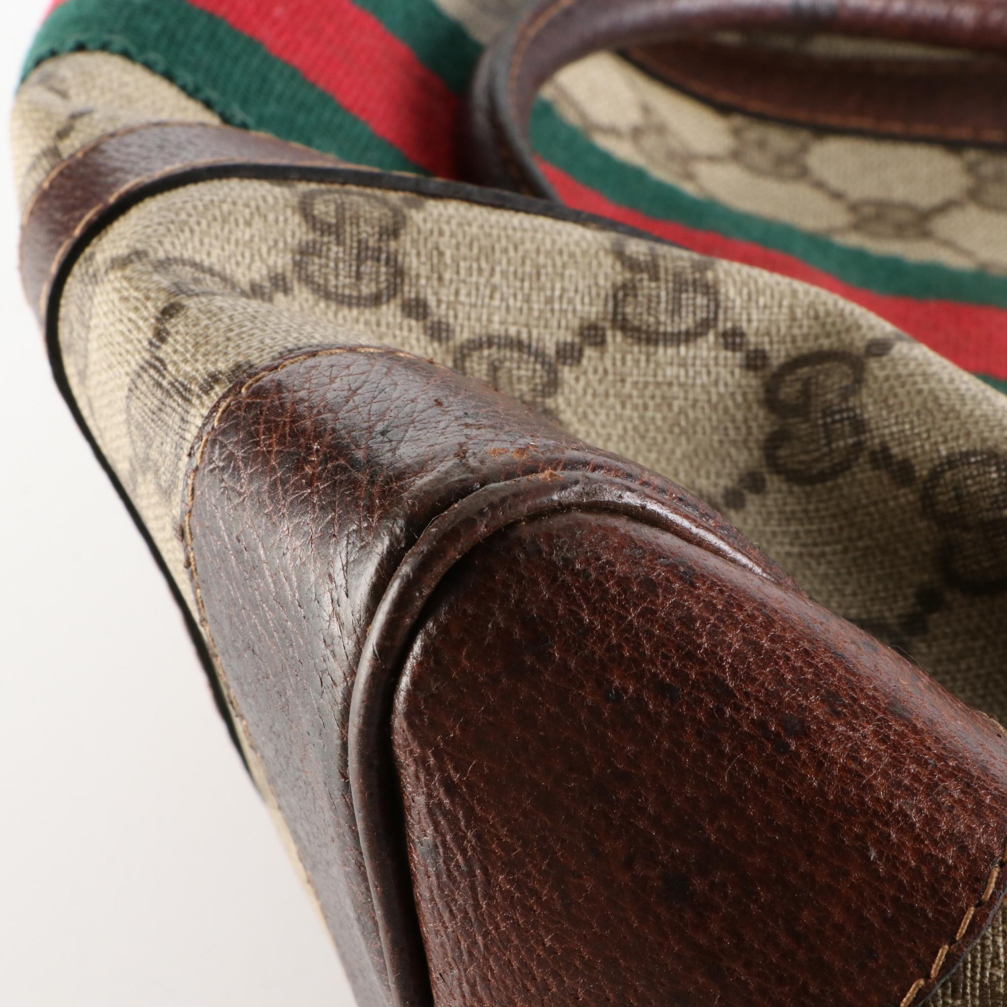 Gucci Web Boston Bag in GG Coated Canvas and Cinghiale Leather