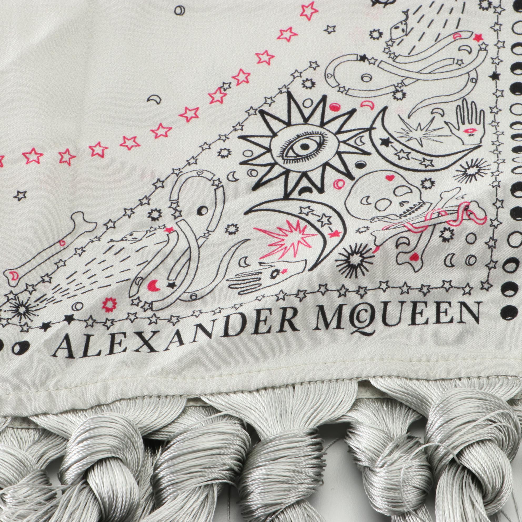 Alexander McQueen Circle, Star, Skin, Crespo Print Scarf in Silk with Fringe