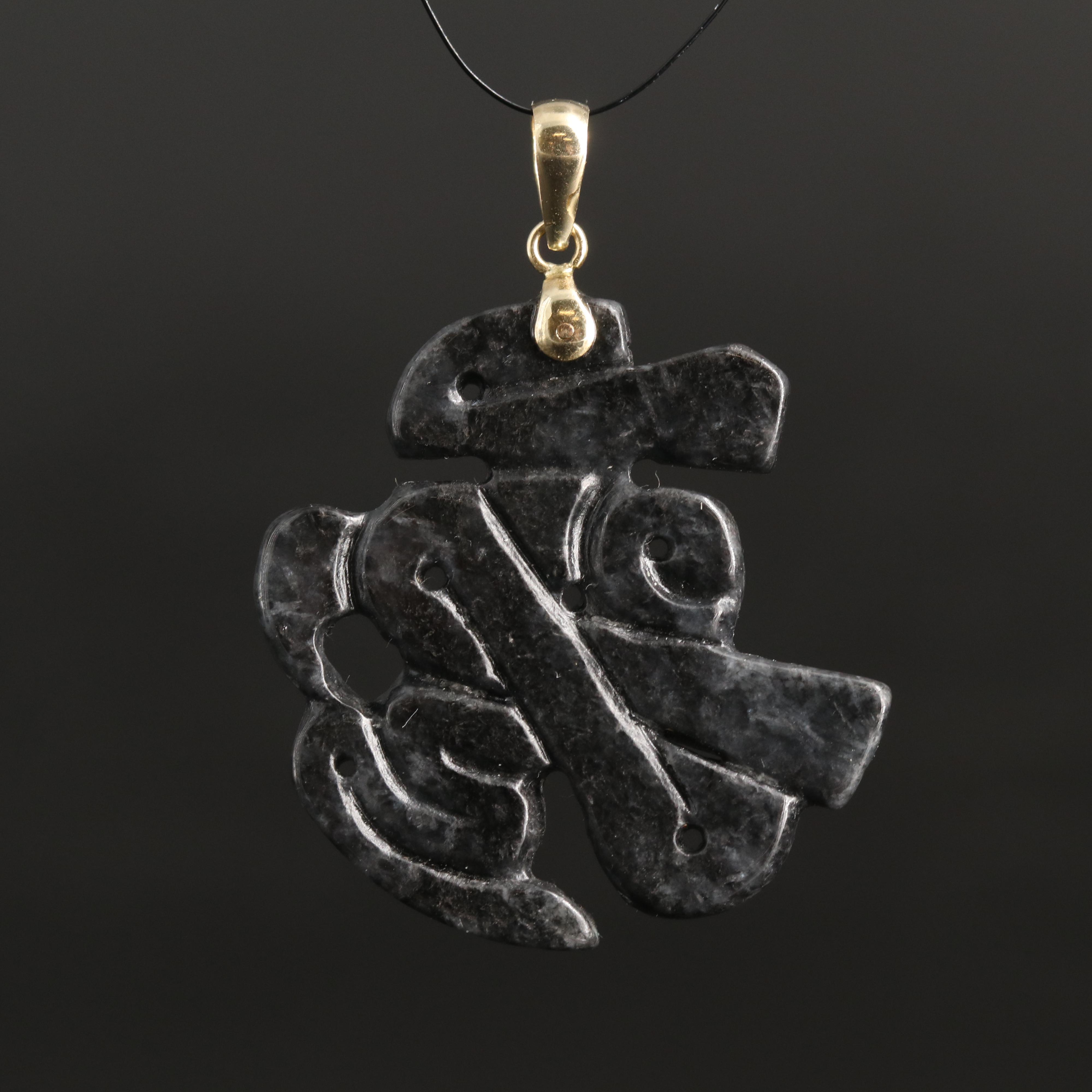 Chinese 14K Carved Jadeite Character Pendant