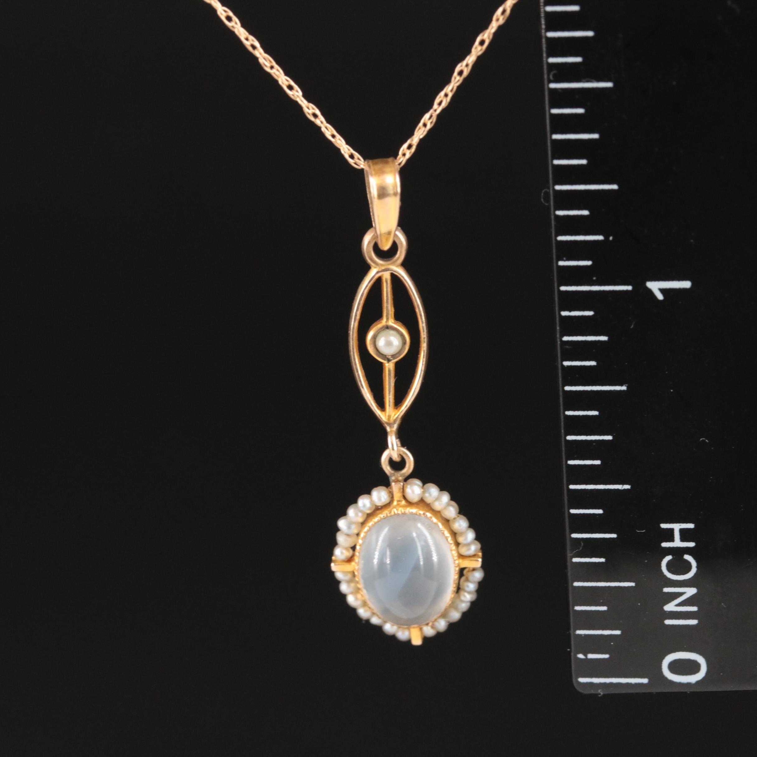 Art Nouveau 10K Moonstone, Seed Pearl and Faux Pearl Lavalier Pendant Necklace