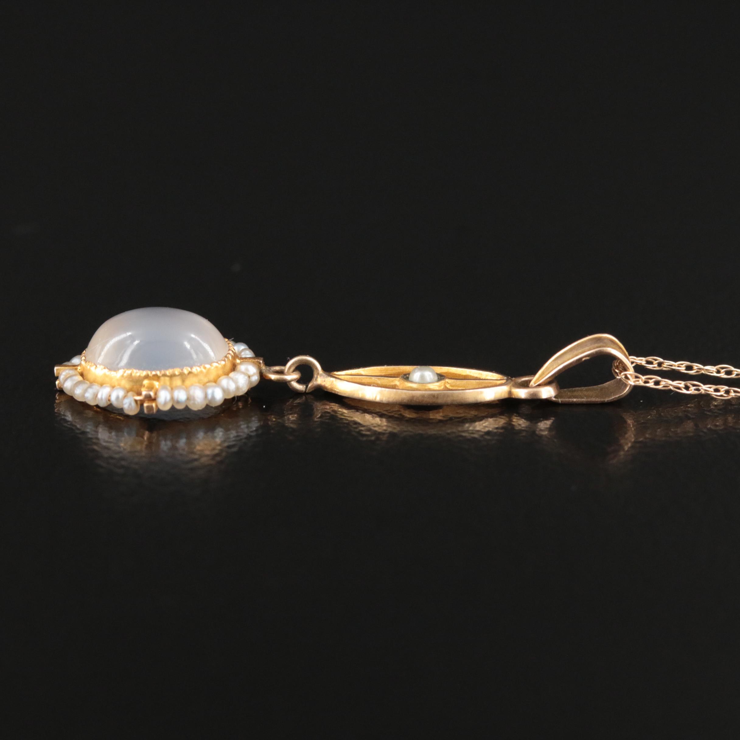 Art Nouveau 10K Moonstone, Seed Pearl and Faux Pearl Lavalier Pendant Necklace
