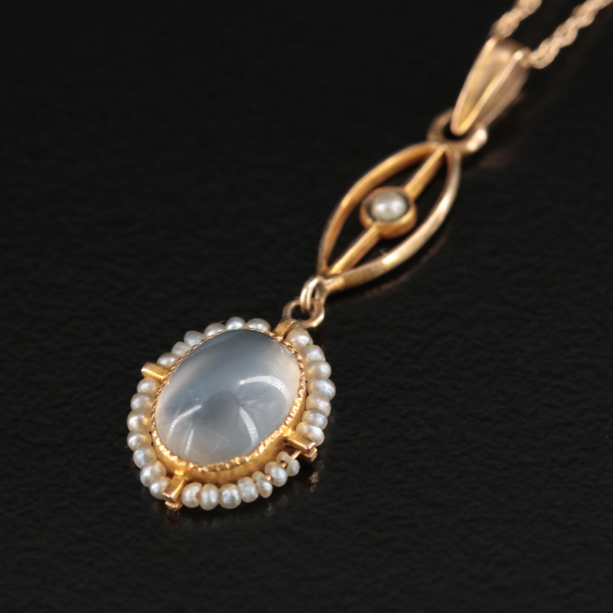 Art Nouveau 10K Moonstone, Seed Pearl and Faux Pearl Lavalier Pendant Necklace