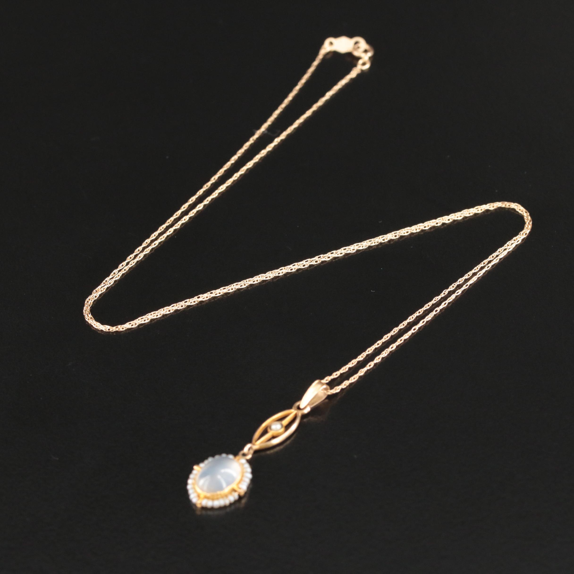 Art Nouveau 10K Moonstone, Seed Pearl and Faux Pearl Lavalier Pendant Necklace