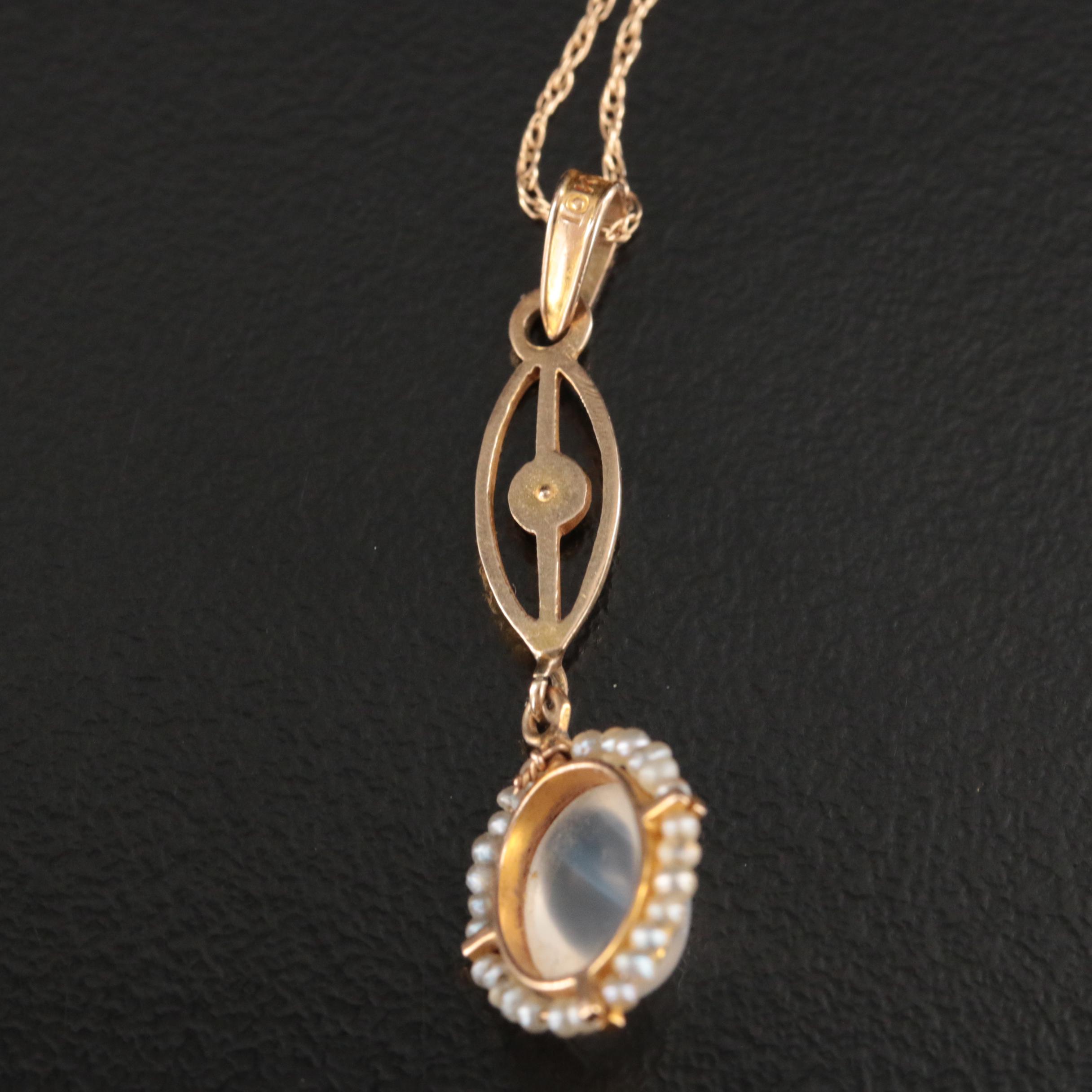 Art Nouveau 10K Moonstone, Seed Pearl and Faux Pearl Lavalier Pendant Necklace