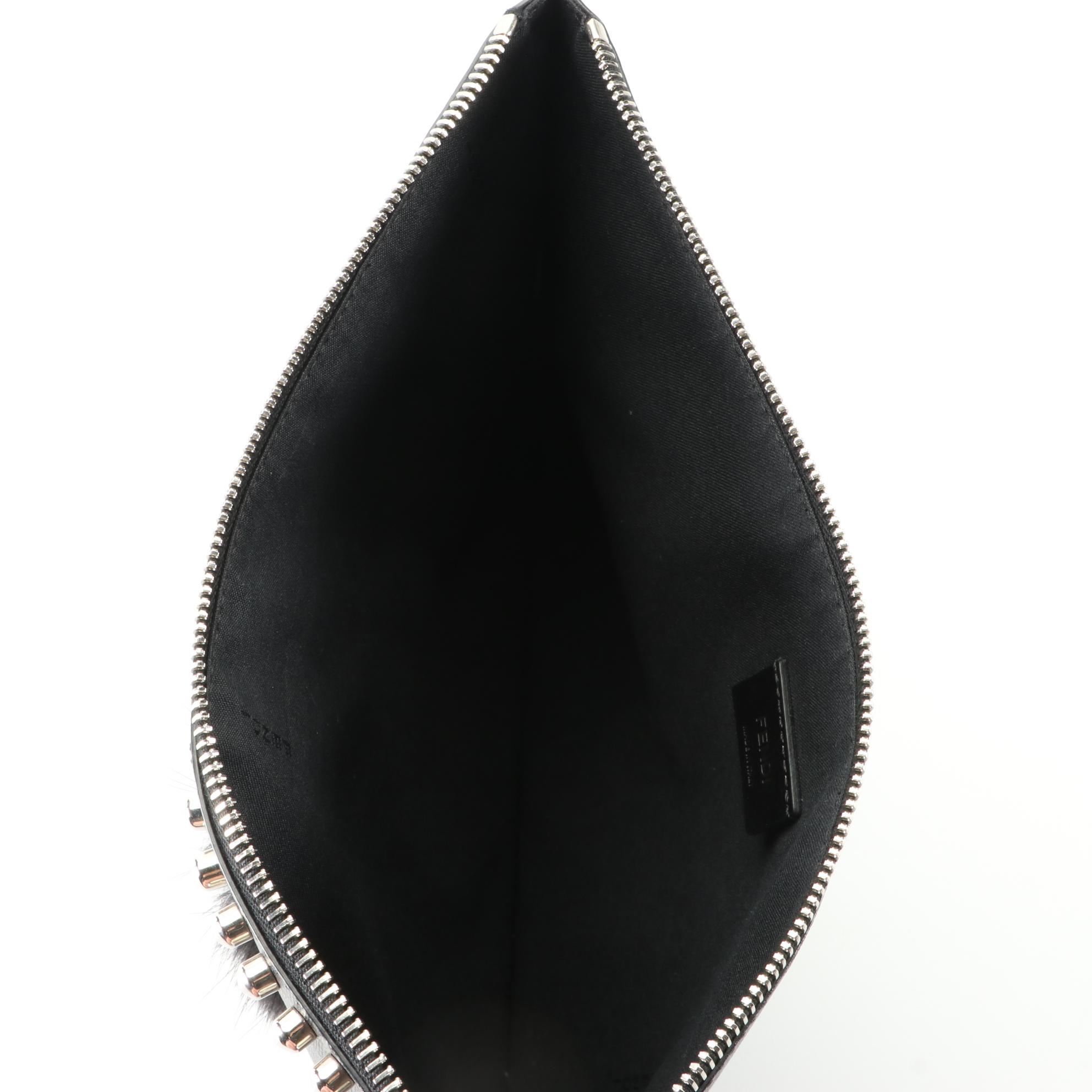 Fendi Karlito Zip Clutch in Black Coated Canvas and Mink Fur Trim