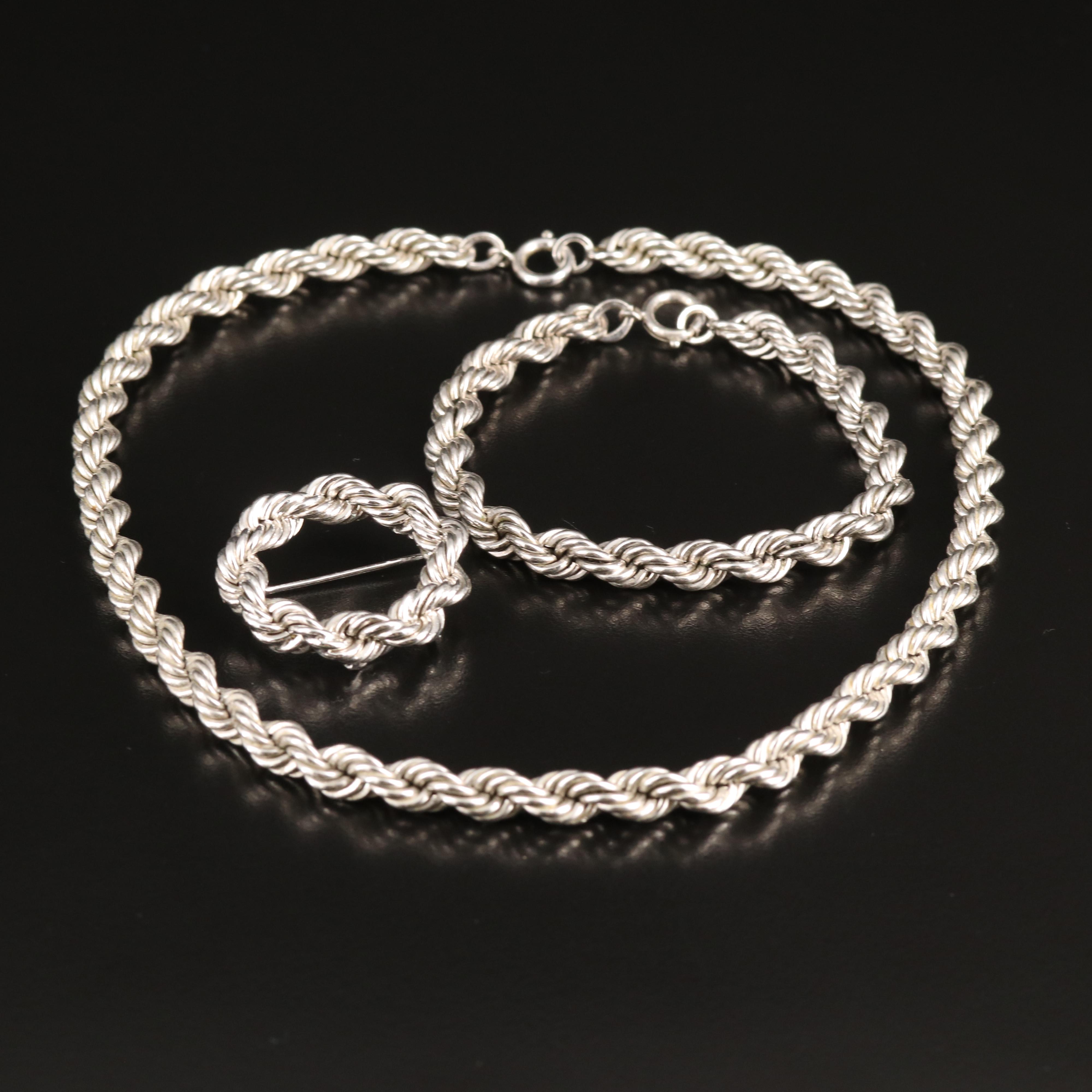 Vintage Binder Bros Inc Sterling Rope Necklace, Bracelet and Brooch Set