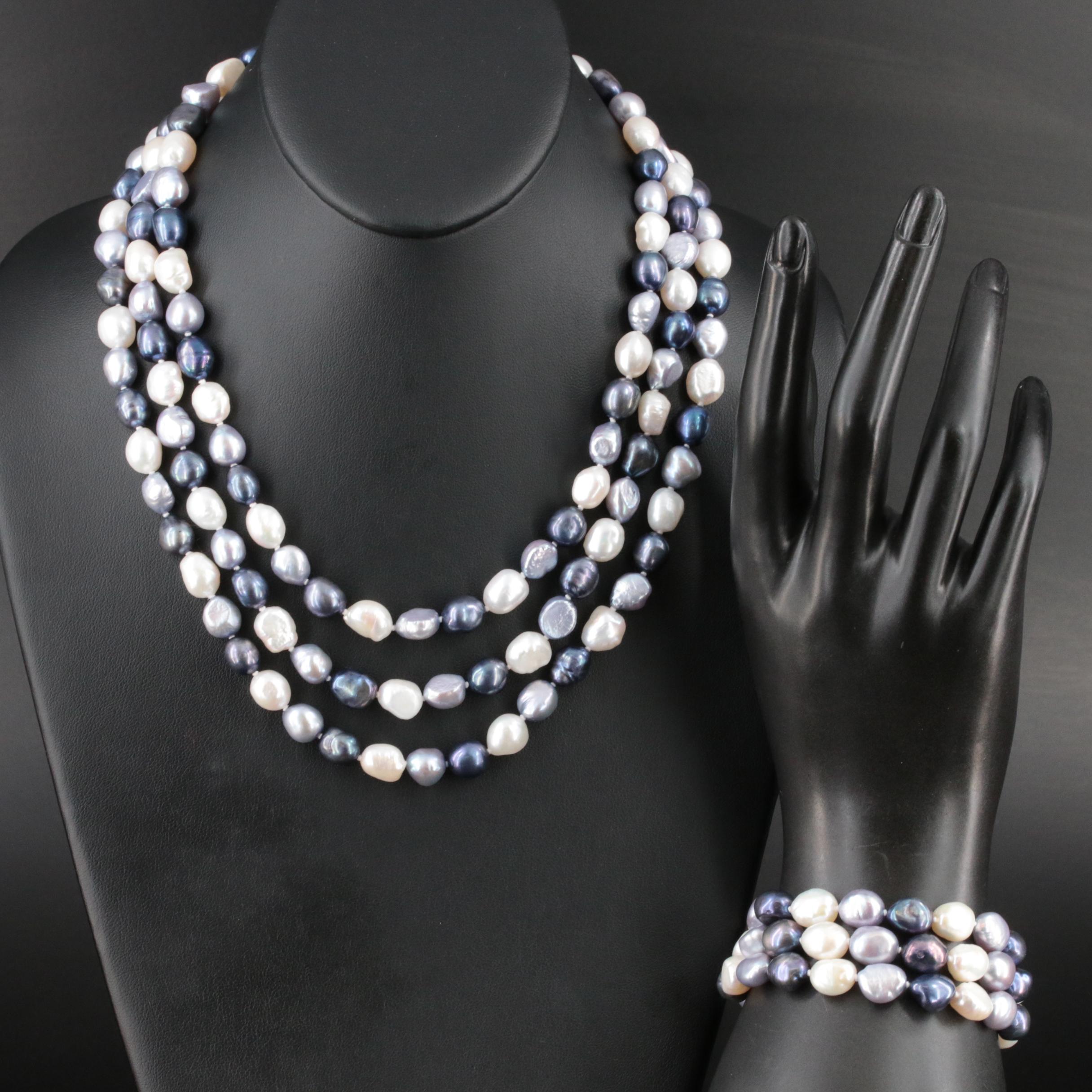 Baroque Pearl Rope Length Necklace and Triple Strand Bracelet with 14K Closures