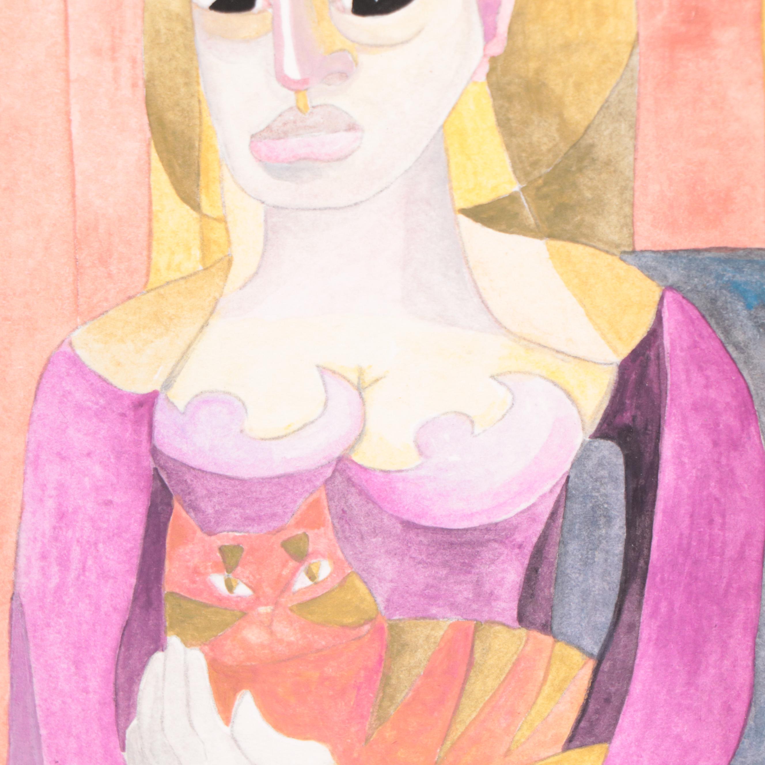 Joseph Ray York Watercolor Painting "Portrait: Girl With Cat," 2019