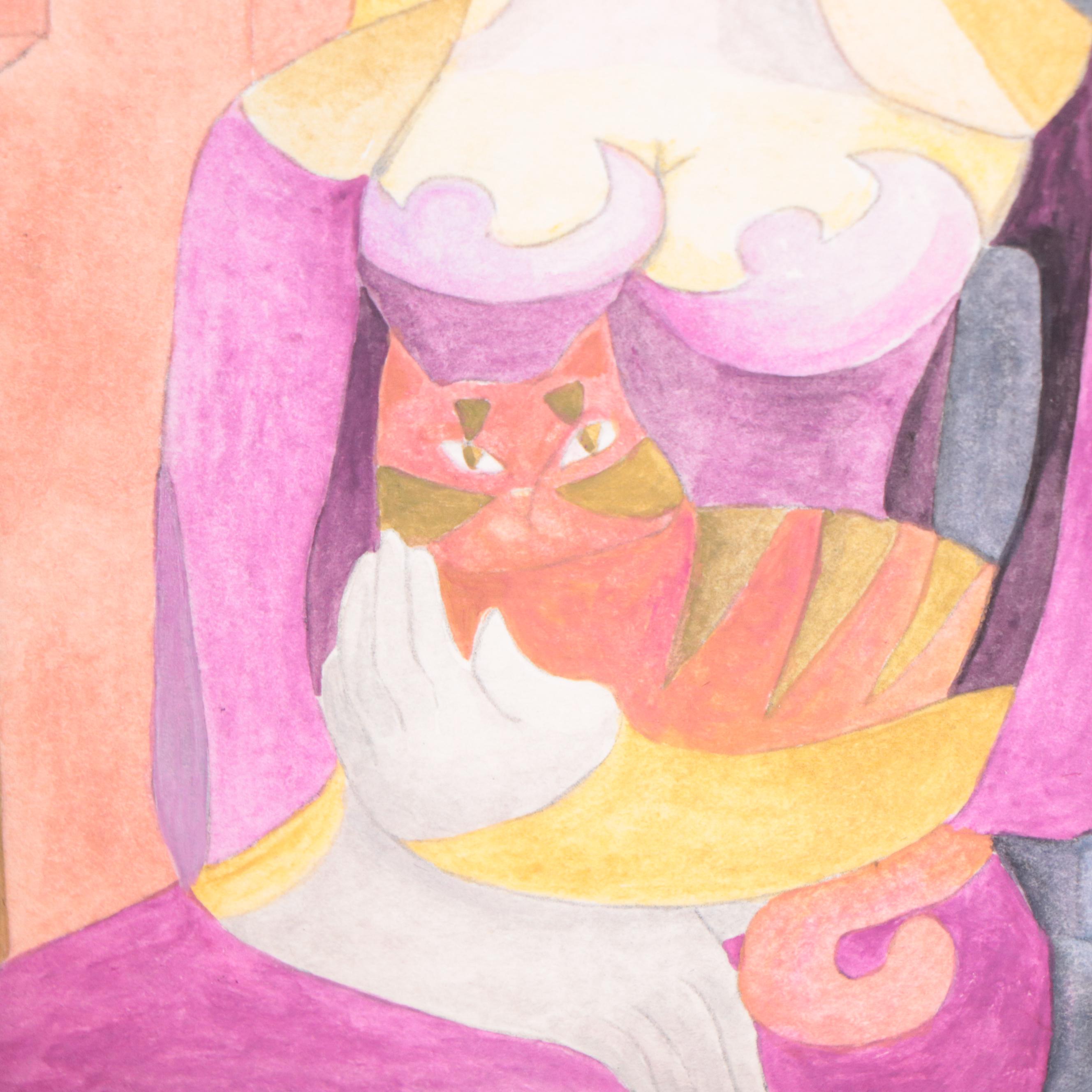 Joseph Ray York Watercolor Painting "Portrait: Girl With Cat," 2019