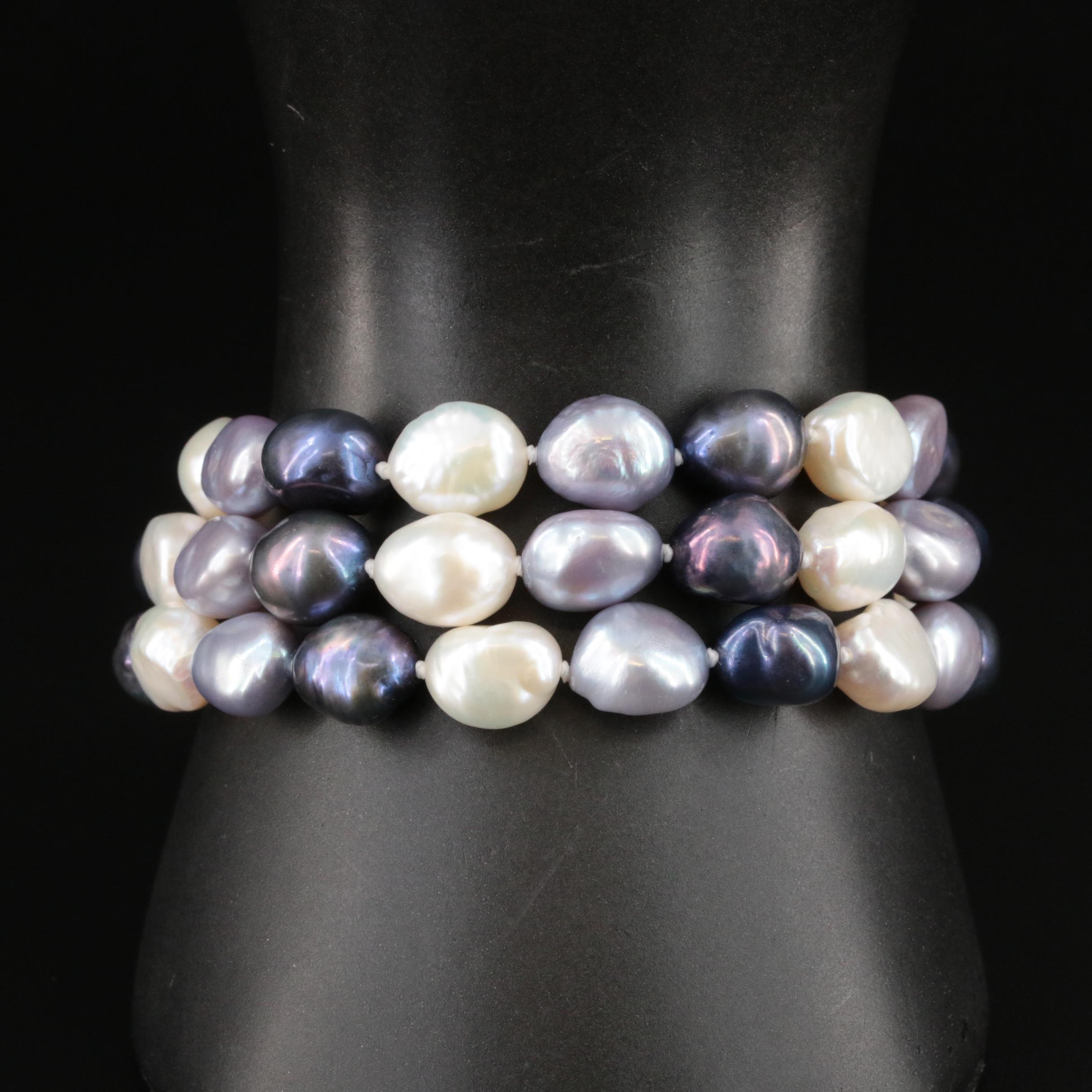 Baroque Pearl Rope Length Necklace and Triple Strand Bracelet with 14K Closures