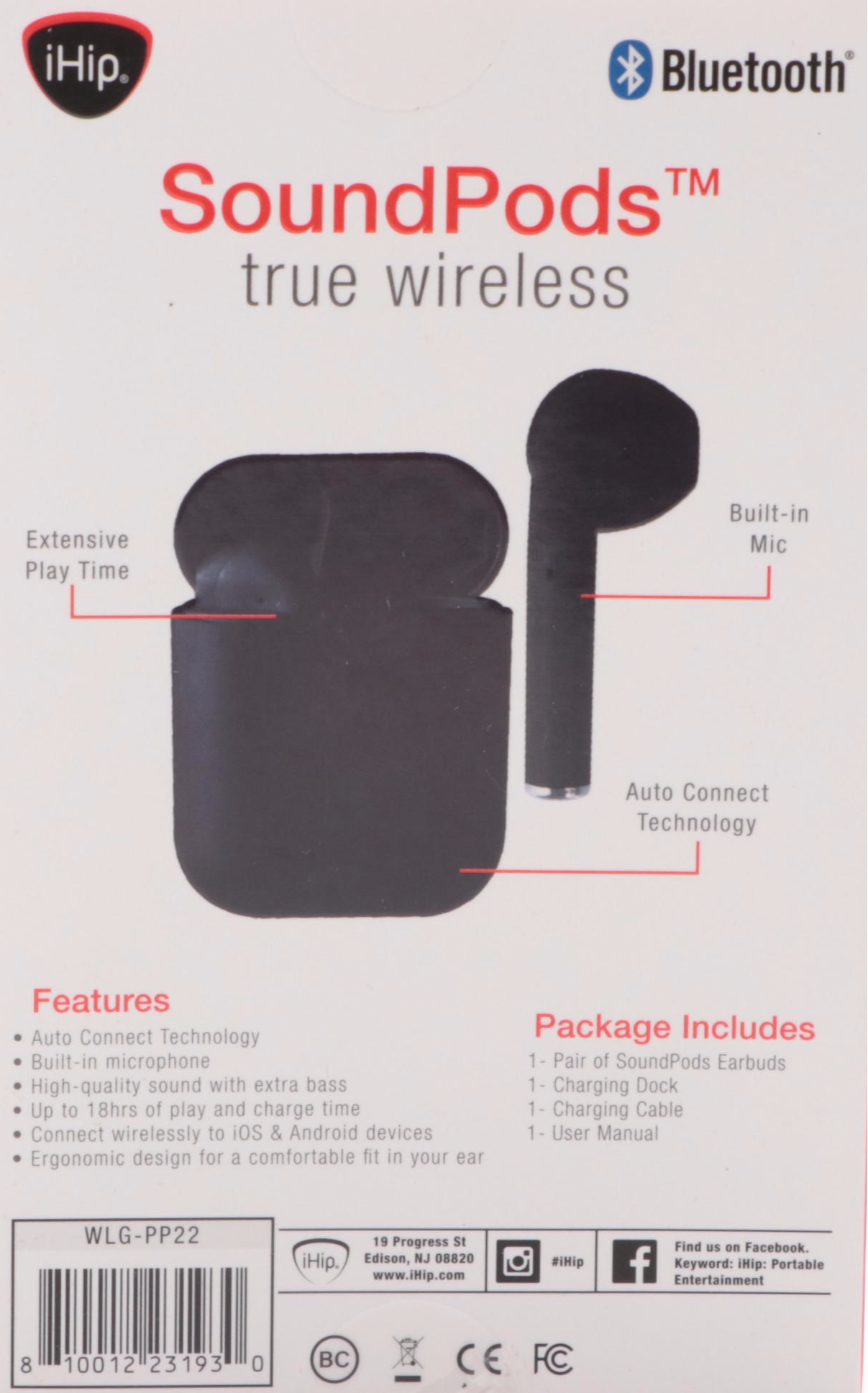 iHip SoundPods Black Bluetooth Earbuds, 2020