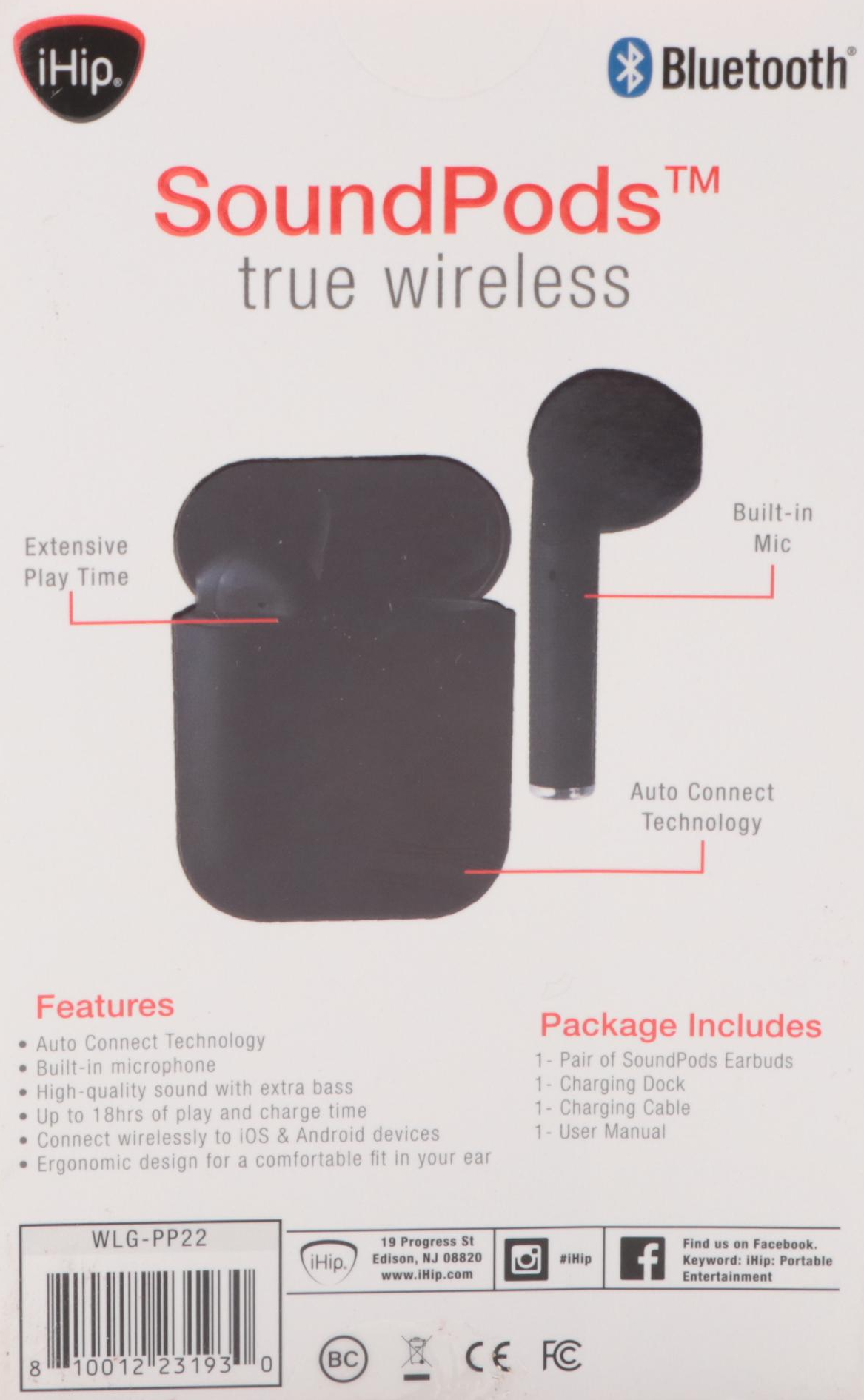 iHip SoundPods Black Bluetooth Earbuds, 2020