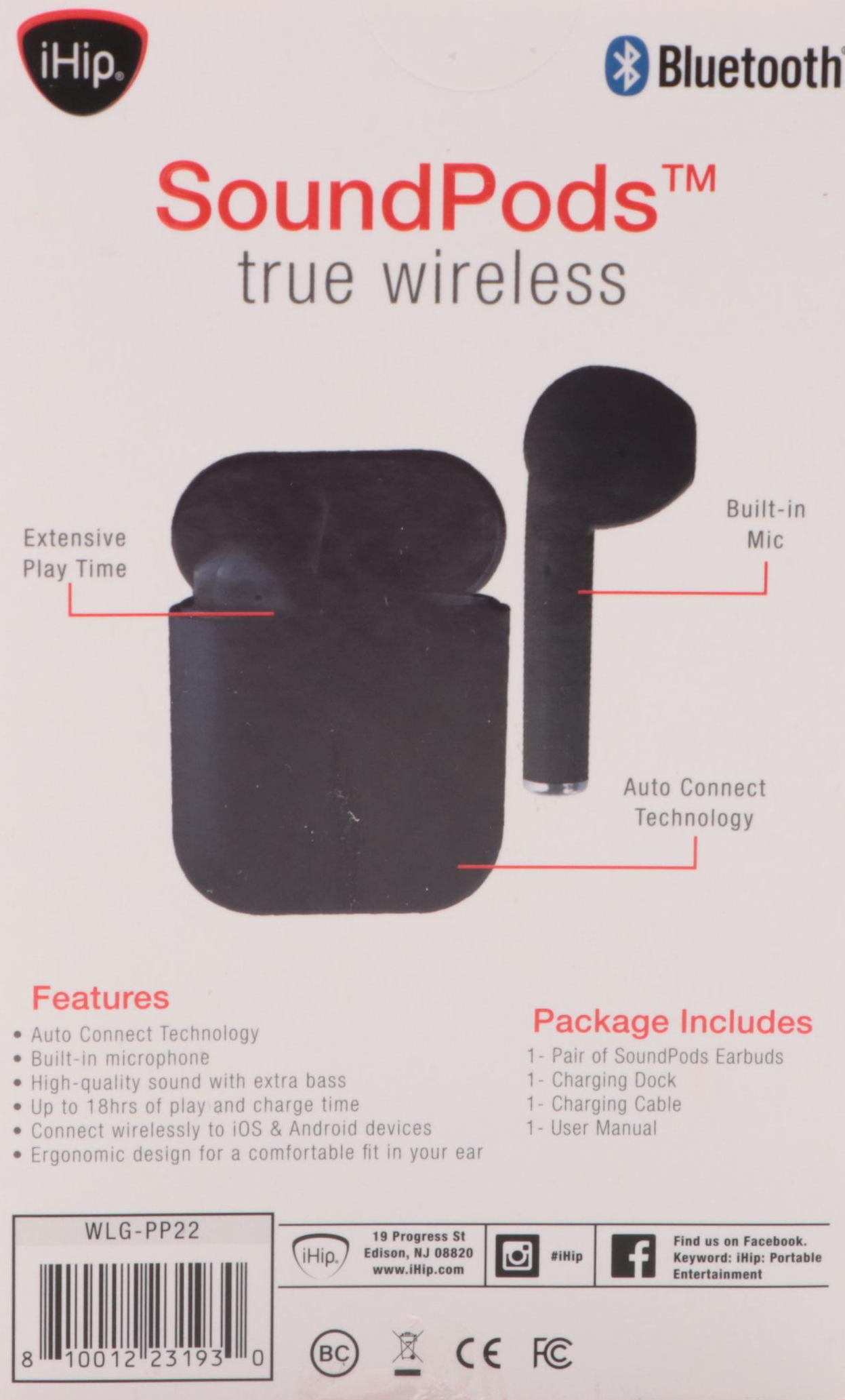 iHip SoundPods Black Bluetooth Earbuds, 2020