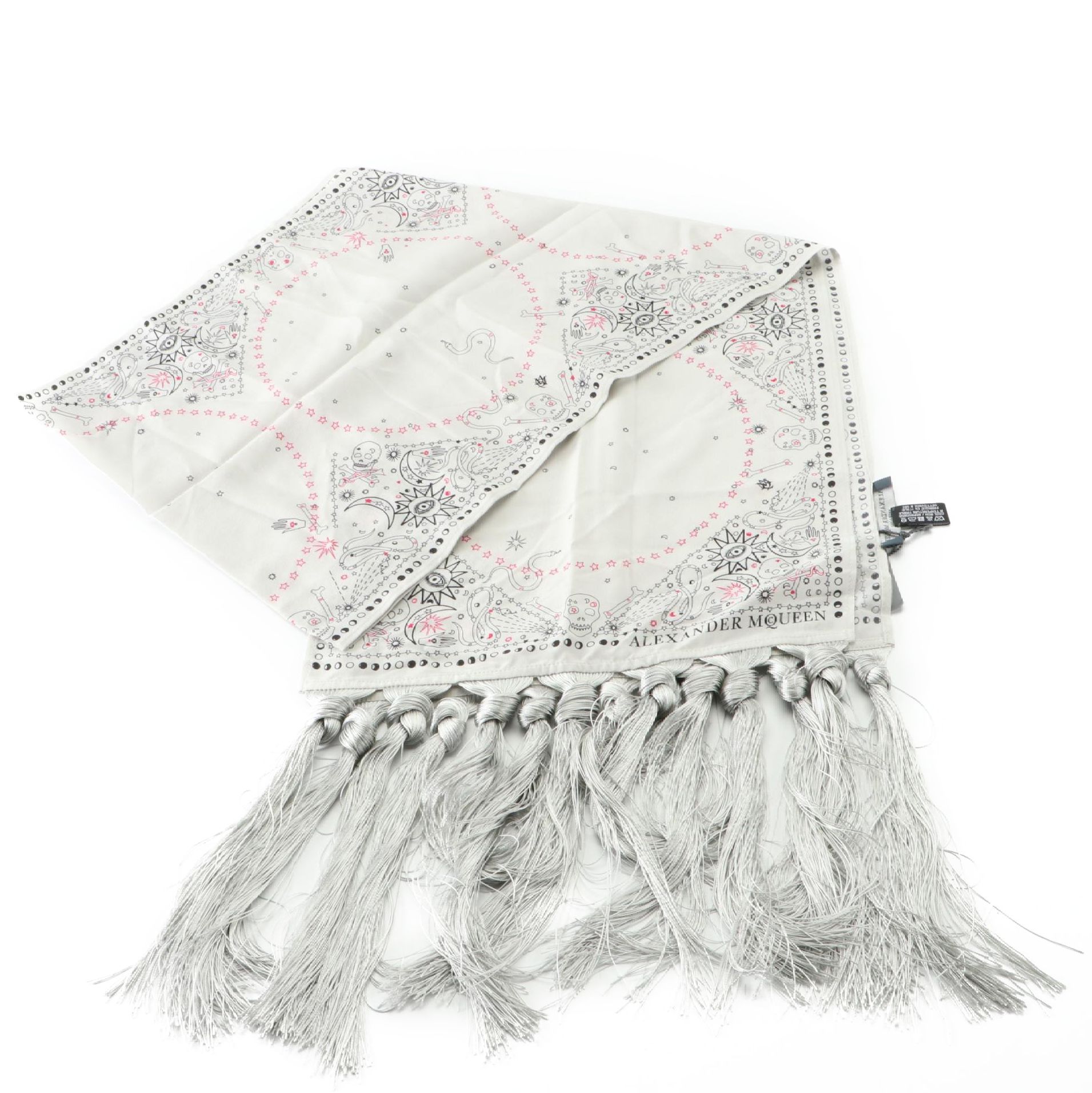 Alexander McQueen Circle, Star, Skin, Crespo Print Scarf in Silk with Fringe