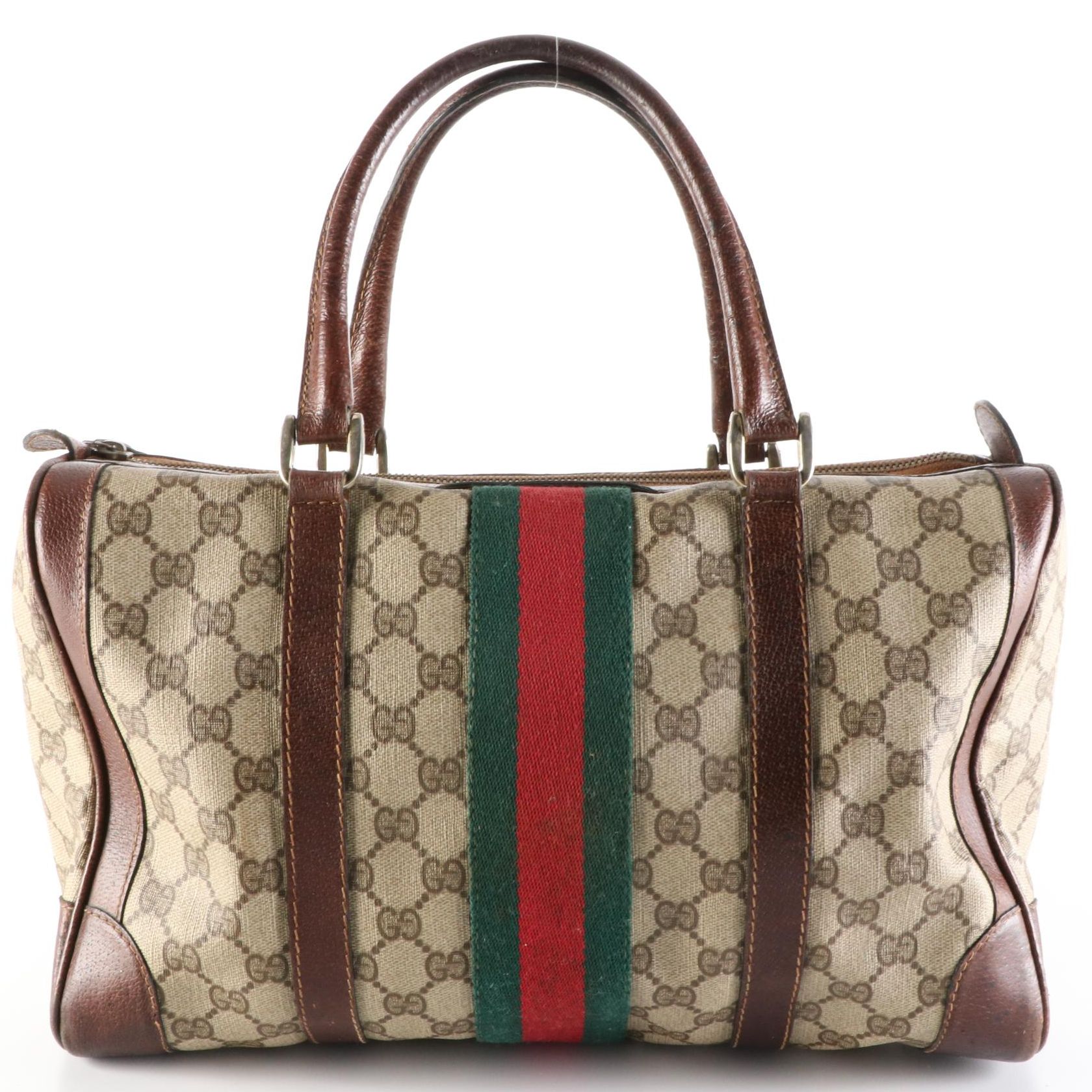 Gucci Web Boston Bag in GG Coated Canvas and Cinghiale Leather