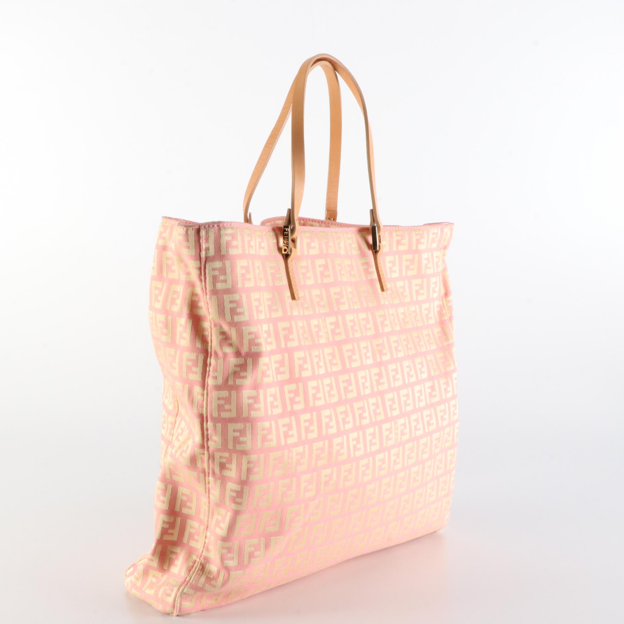 Fendi Pink Zucchino Canvas Tote with Leather Straps
