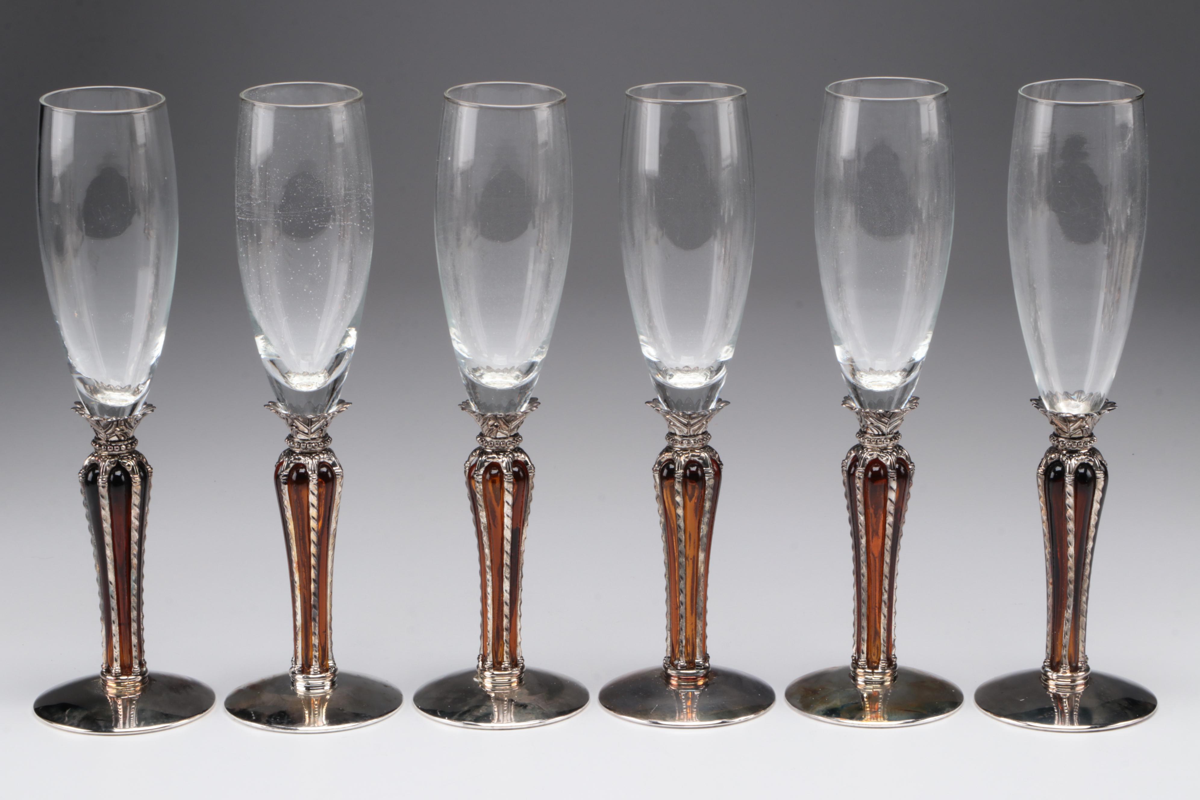 Gothic Style Metal Stem Wine Glasses and Champagne Fluets
