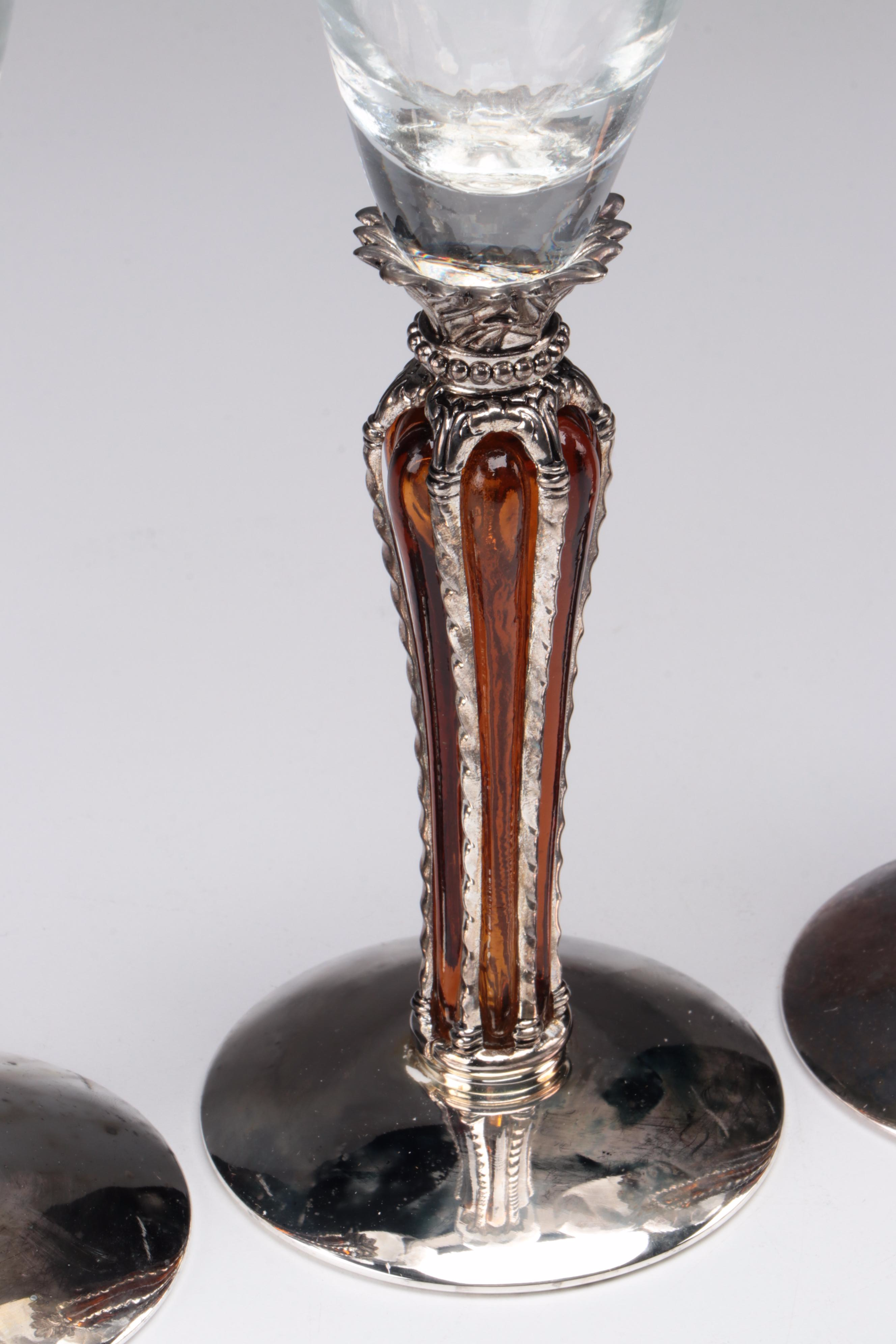 Gothic Style Metal Stem Wine Glasses and Champagne Fluets