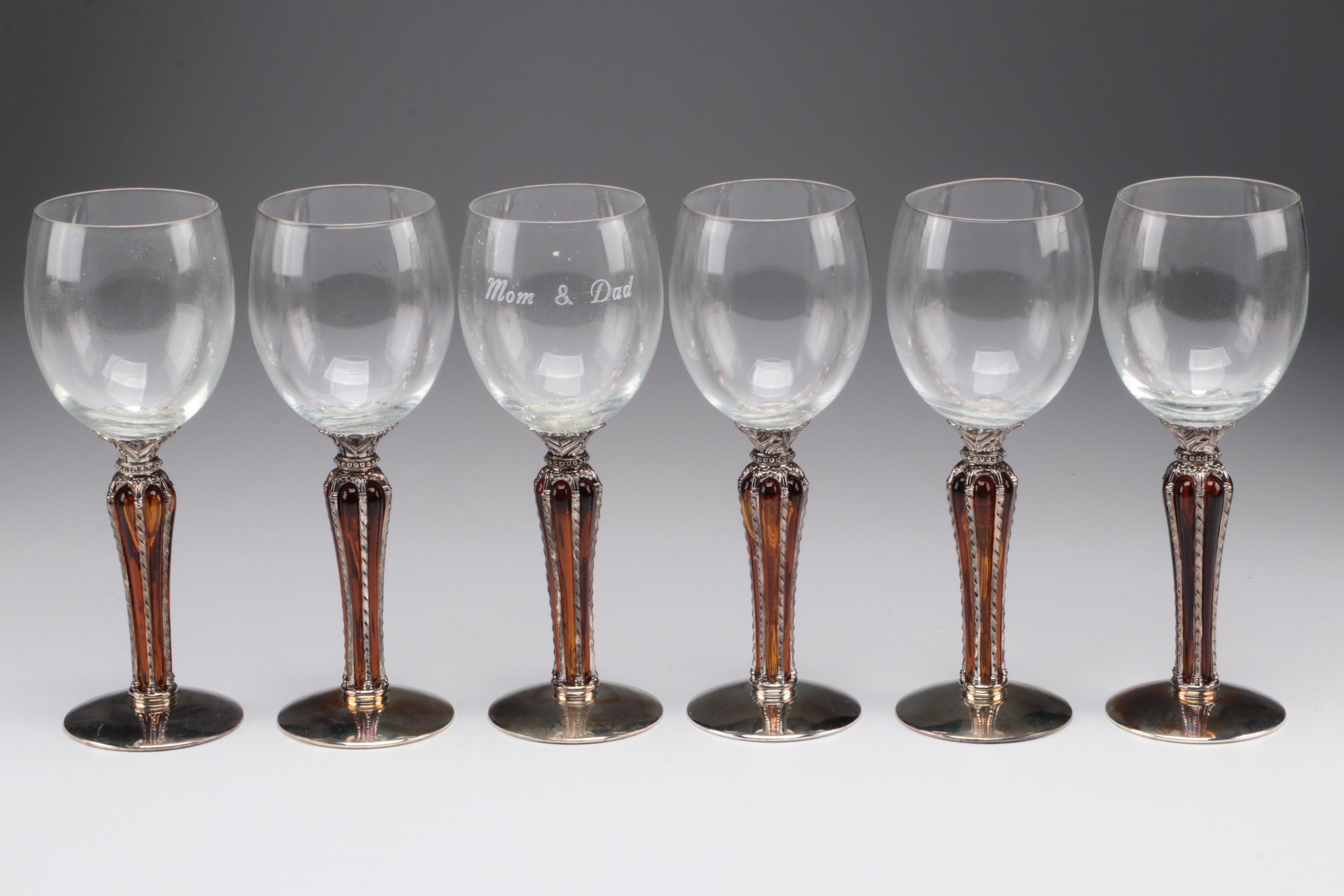 Gothic Style Metal Stem Wine Glasses and Champagne Fluets