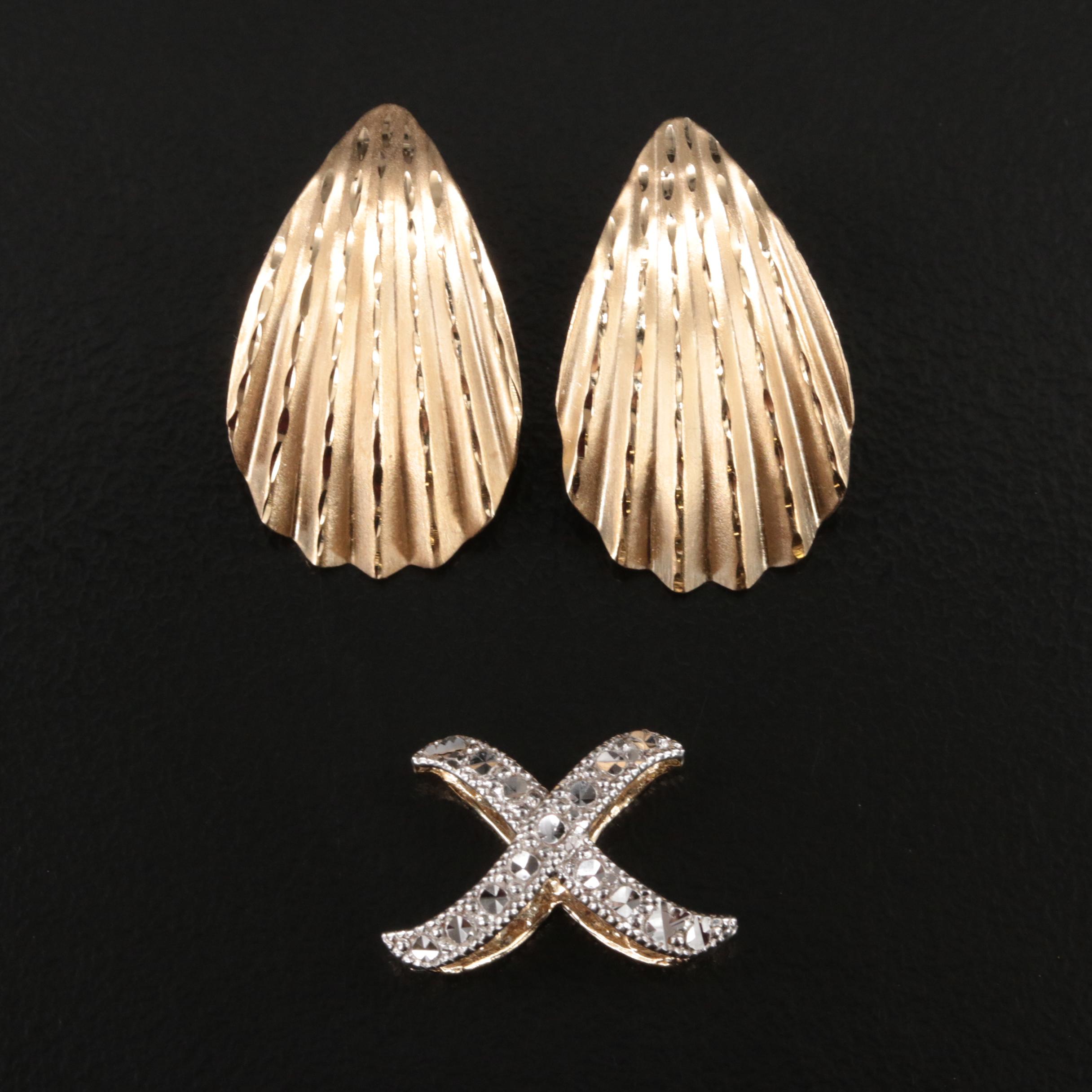 14K Fluted Earrings and 10K Crossover Slide Pendant